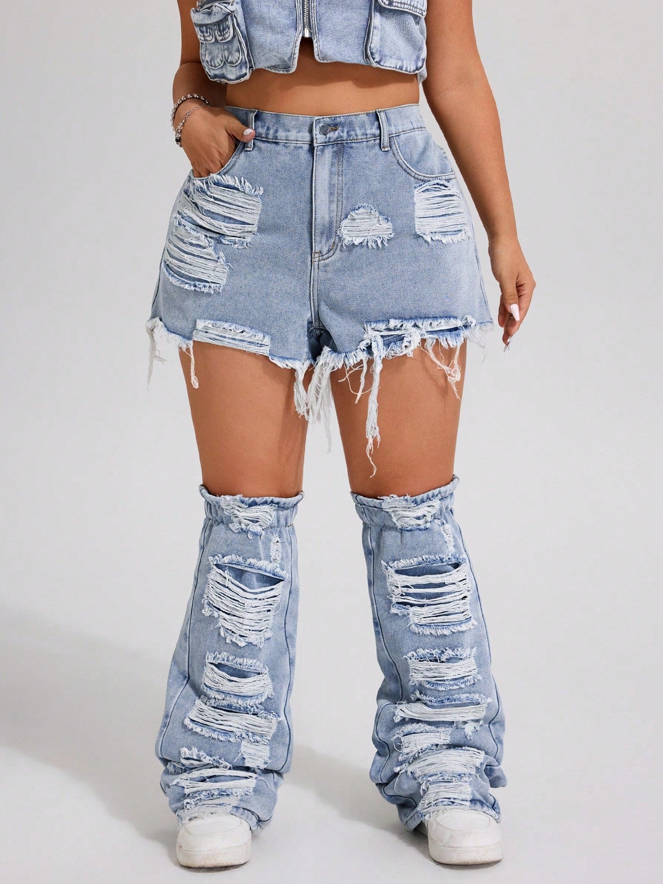 Plus Size Mini Denim Shorts and Stockings Set - Trendy