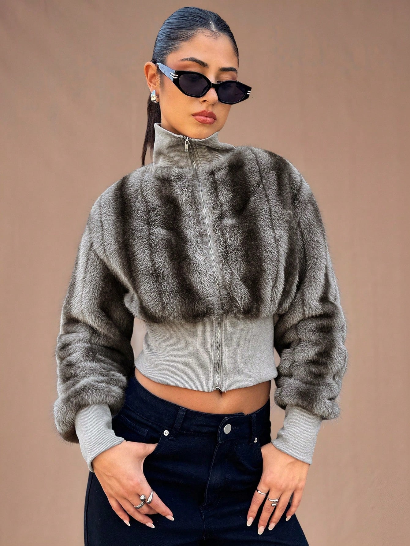 Cozy Chic: Brown and Gray Striped Fur-Lined Street Jacket XS S