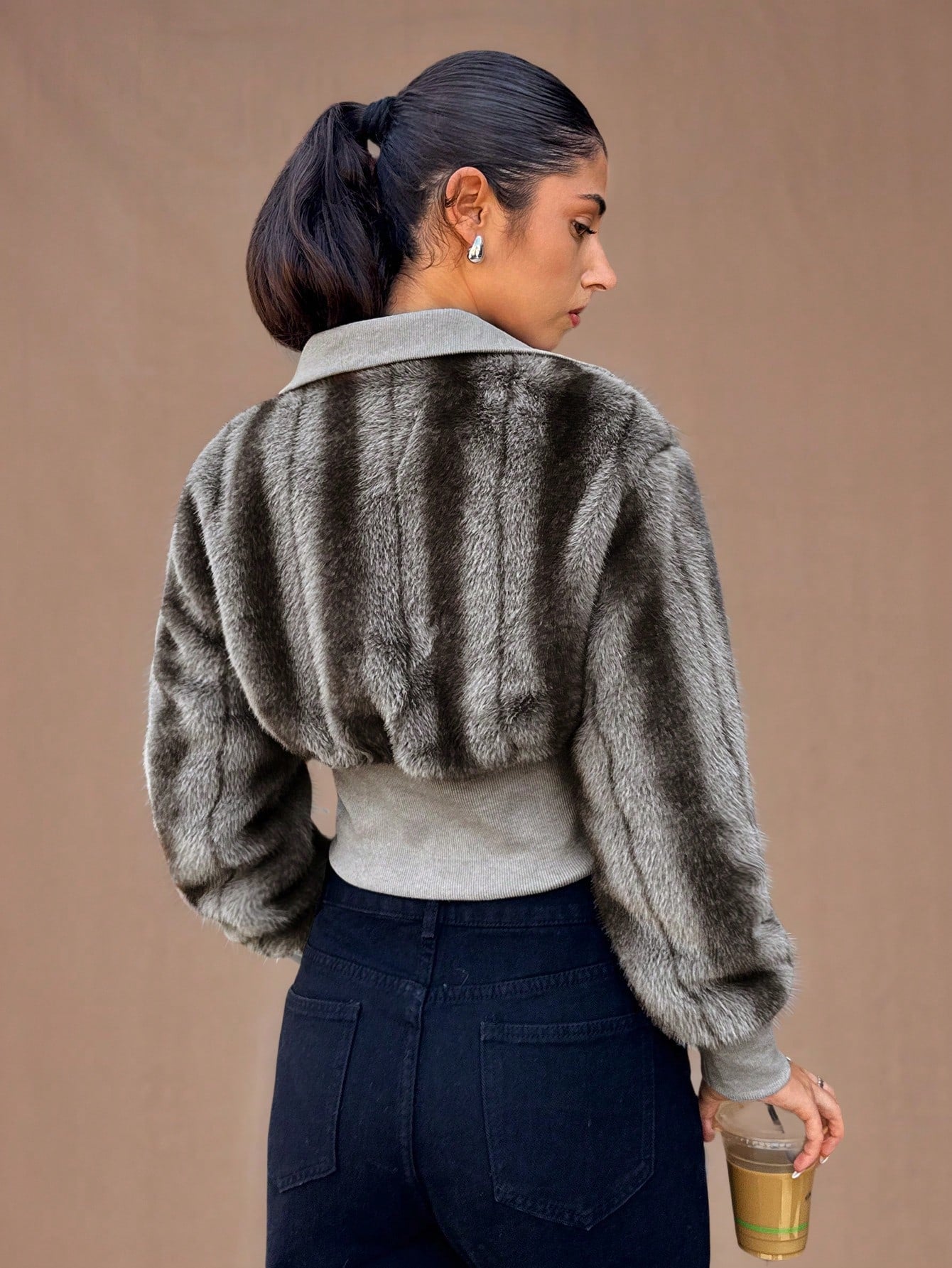 Cozy Chic: Brown and Gray Striped Fur-Lined Street Jacket XS S