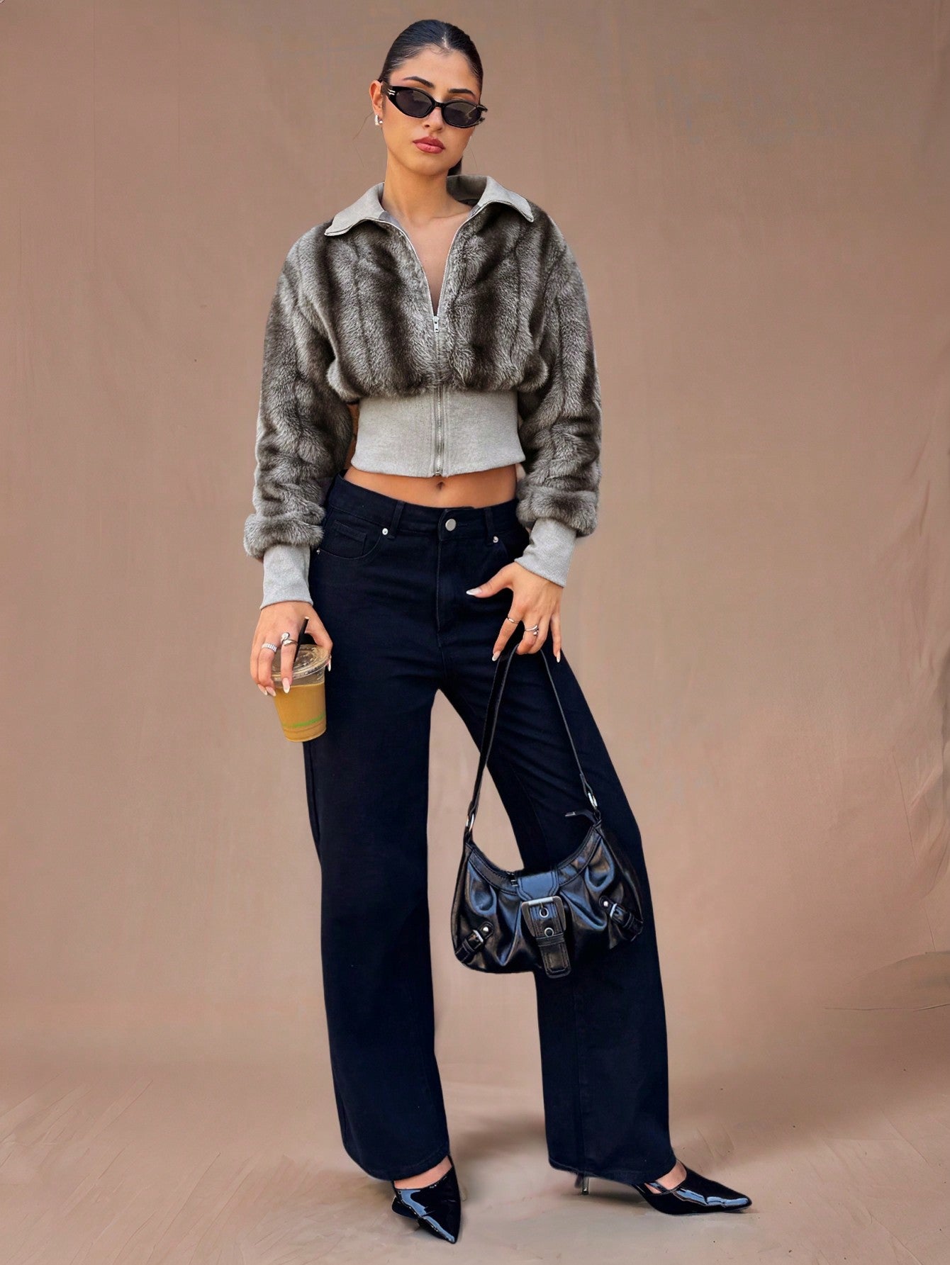 Cozy Chic: Brown and Gray Striped Fur-Lined Street Jacket XS S