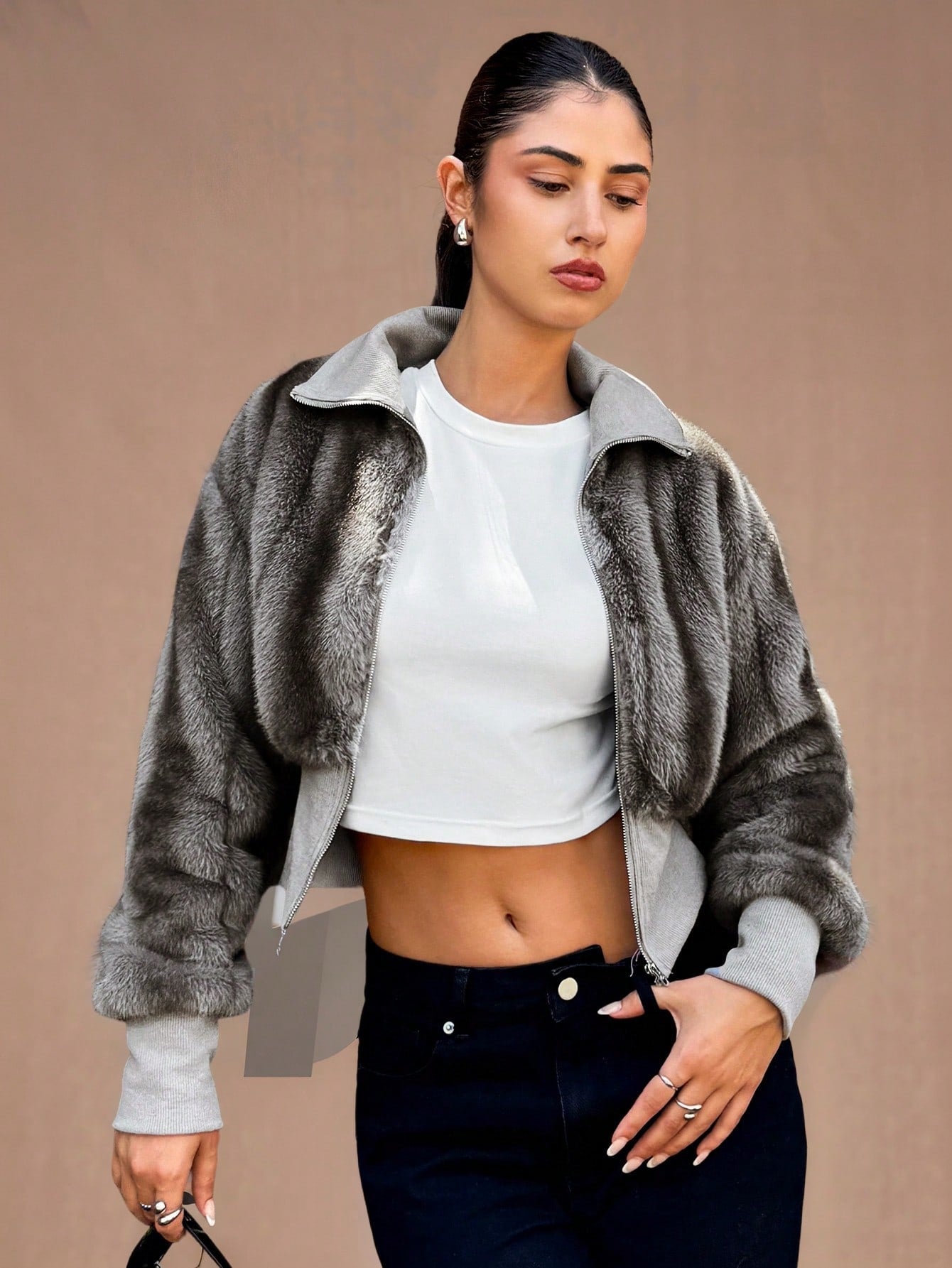 Cozy Chic: Brown and Gray Striped Fur-Lined Street Jacket XS S