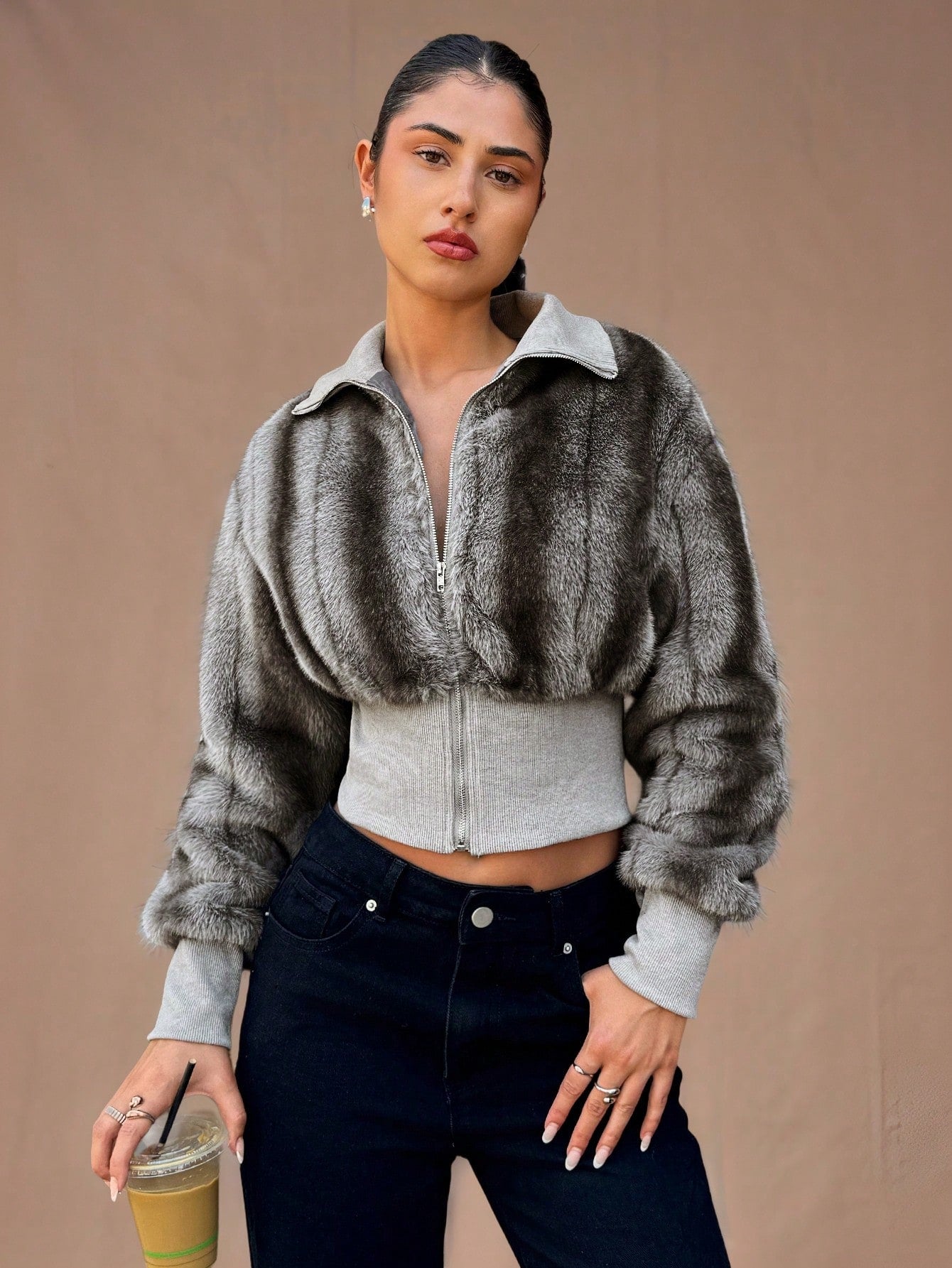Cozy Chic: Brown and Gray Striped Fur-Lined Street Jacket XS S