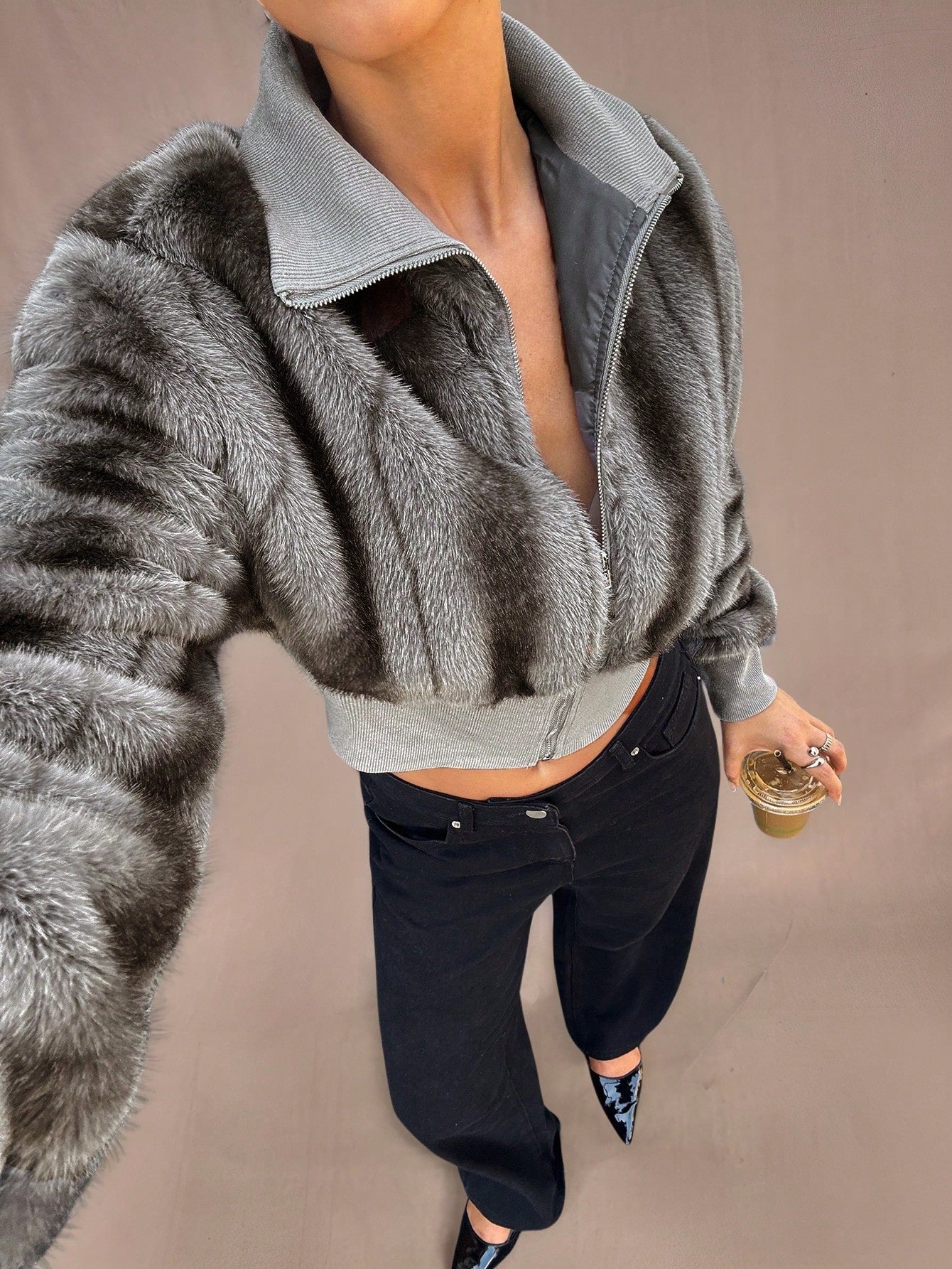 Cozy Chic: Brown and Gray Striped Fur-Lined Street Jacket XS S
