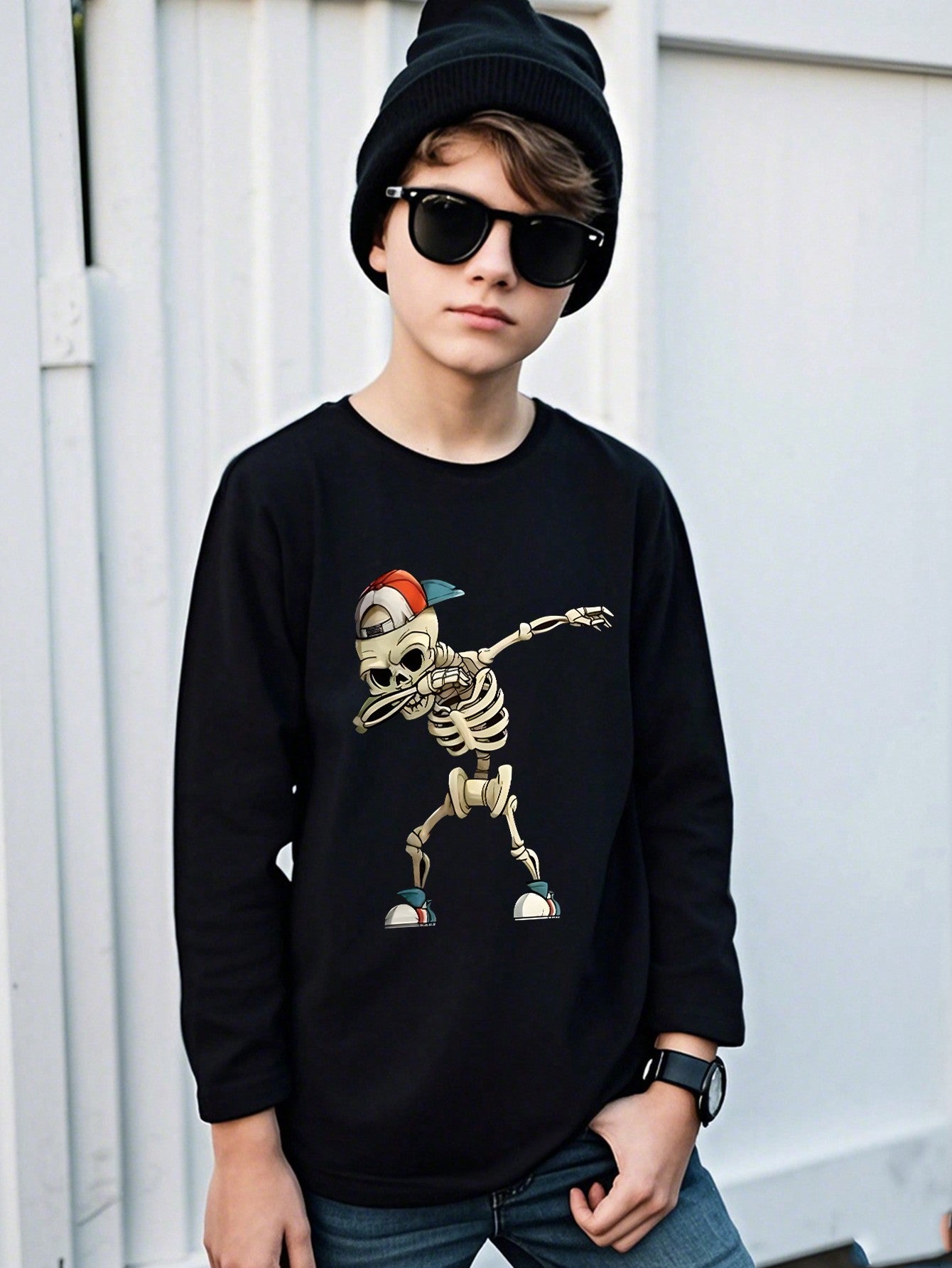 Skeleton Print Crew Neck T-Shirt for Tween Boys Dark Grey / 8Y Dark Grey / 9Y