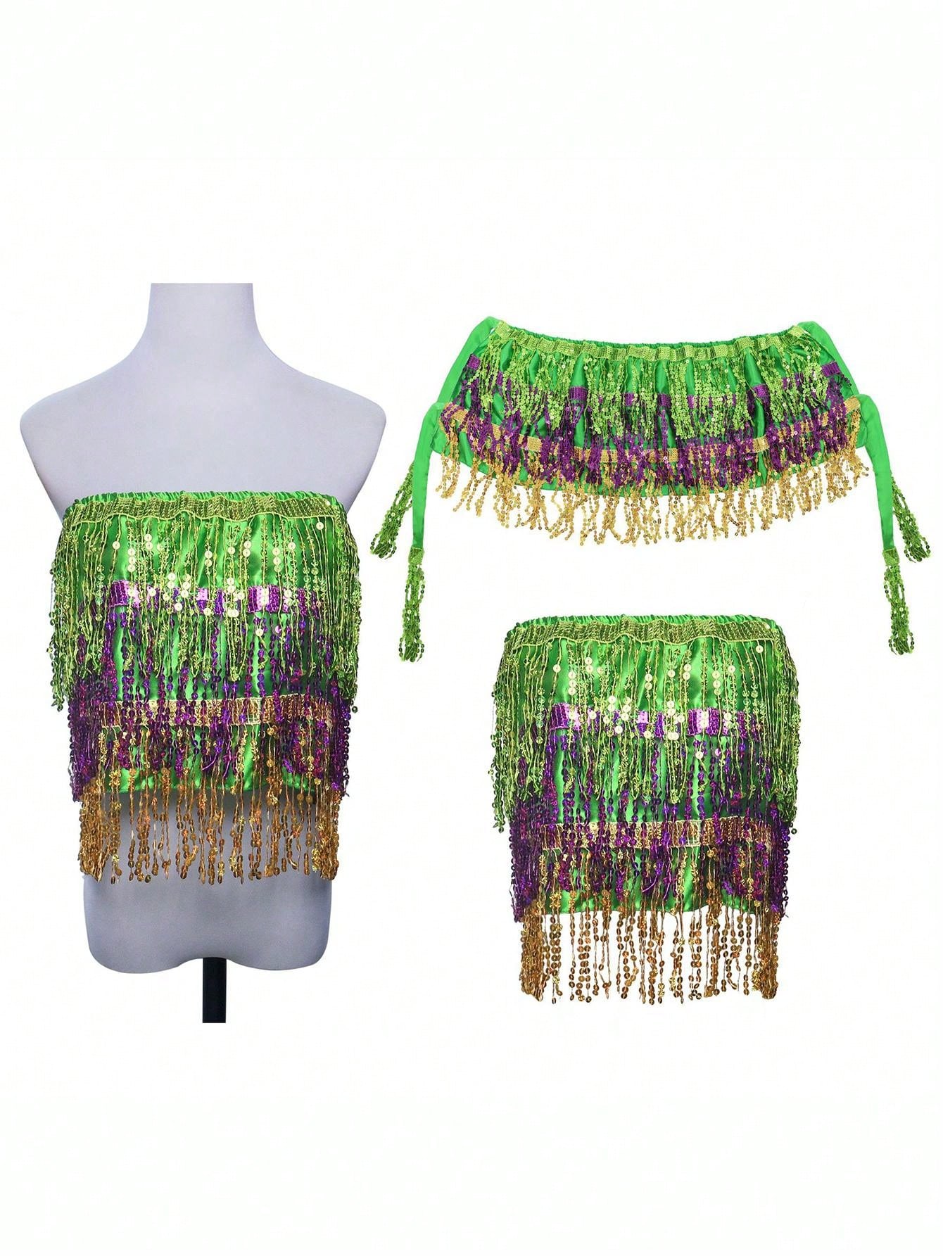 Vibrant Mardi Gras Fringe Sequin Strapless Crop Top – Dazzle in Style! one-size