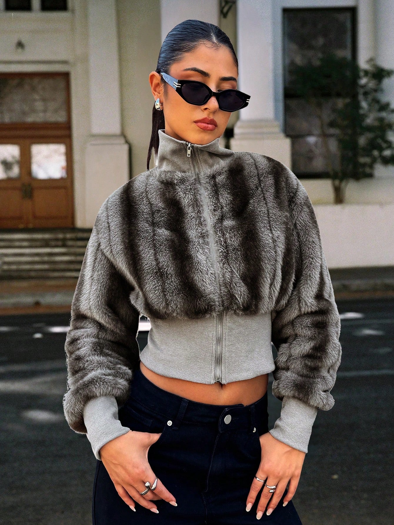 Cozy Chic: Brown and Gray Striped Fur-Lined Street Jacket XS S