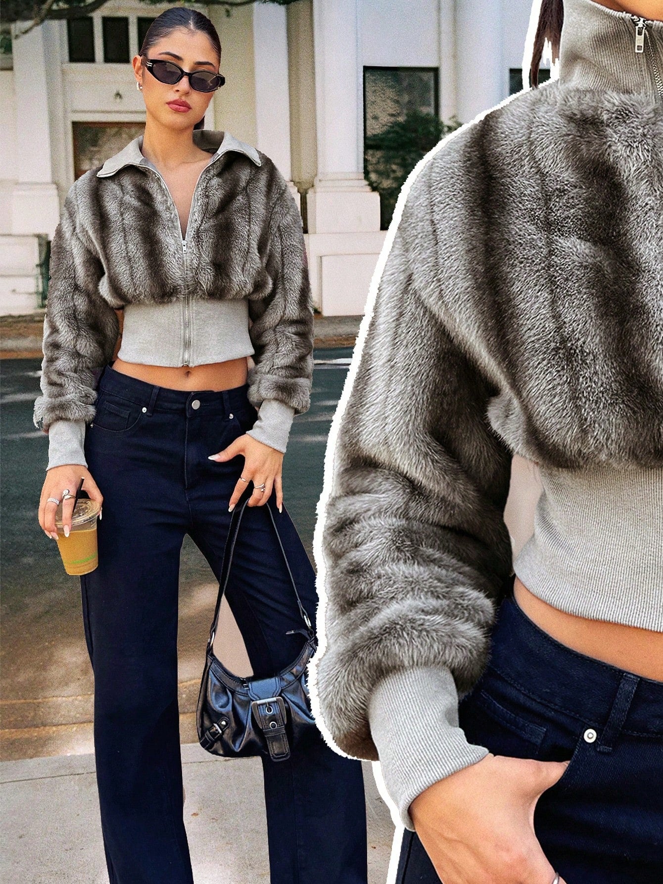 Cozy Chic: Brown and Gray Striped Fur-Lined Street Jacket XS S