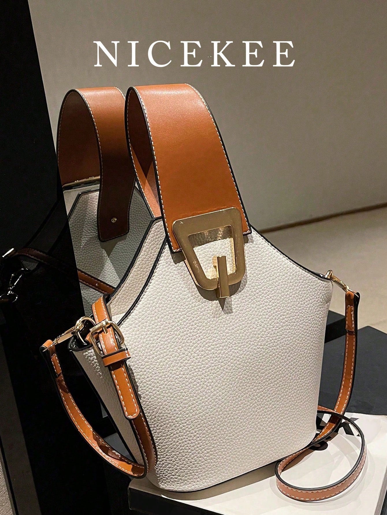 Chic Contrast: Versatile Handbag with Adjustable Strap & Stylish Metal Accents Khaki / one-size Coffee Brown / one-size Black / one-size Khaki / one-size-Coffee Brown / one-size-Black / one-size-White / one-size-