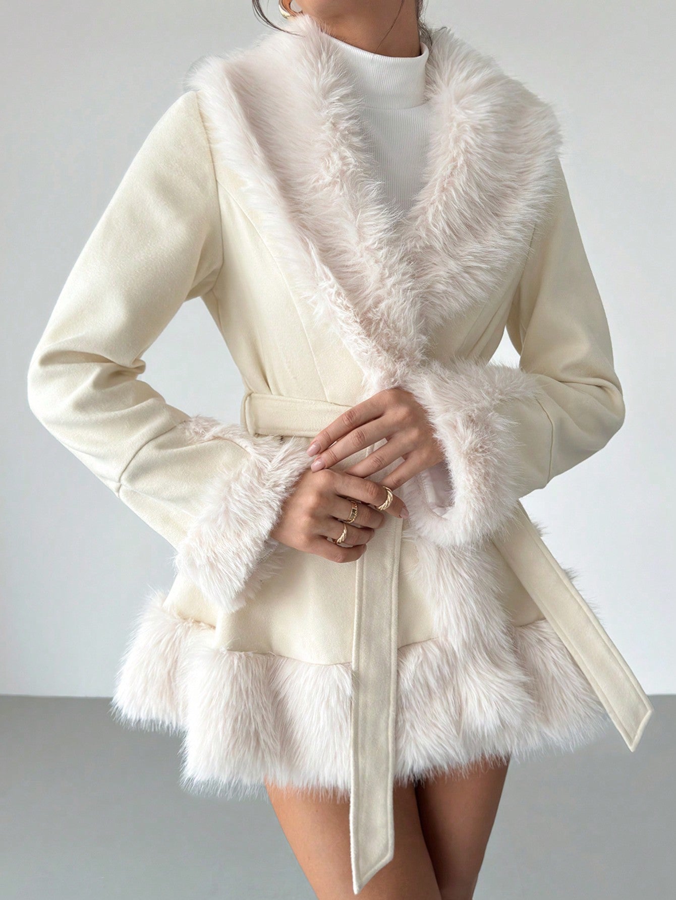 Chic Winter Elegance: Plush Beige Fur Coat for Stylish Holiday Gatherings