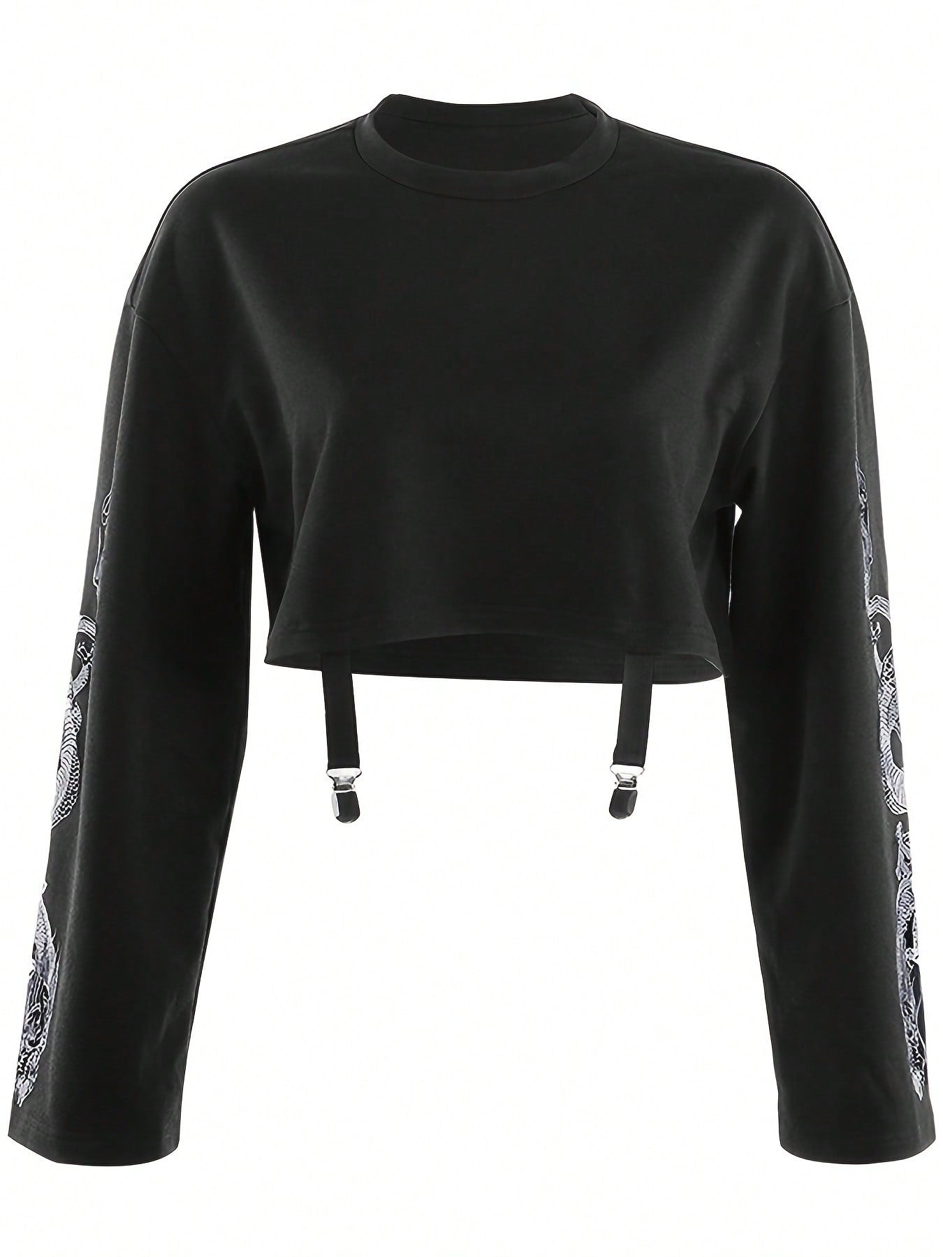 Edgy Chic: Long Sleeve Chinese Dragon Print Crop Top for Bold Fashionistas S M L S-M-L-