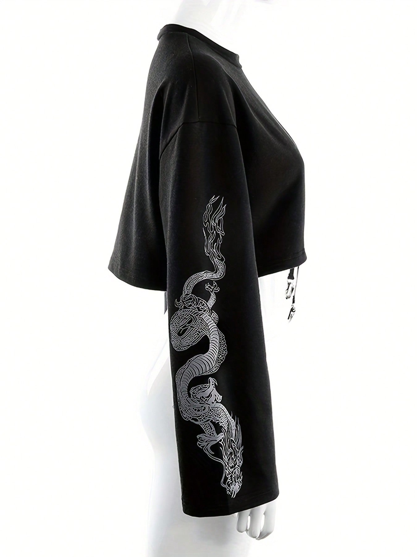 Edgy Chic: Long Sleeve Chinese Dragon Print Crop Top for Bold Fashionistas S M L S-M-L-