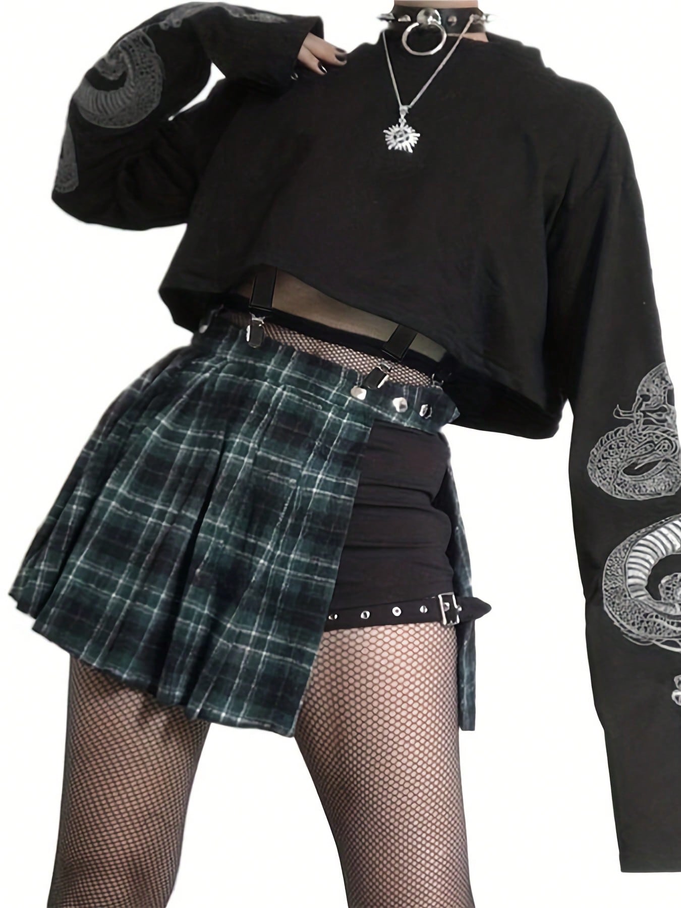 Edgy Chic: Long Sleeve Chinese Dragon Print Crop Top for Bold Fashionistas S M L S-M-L-