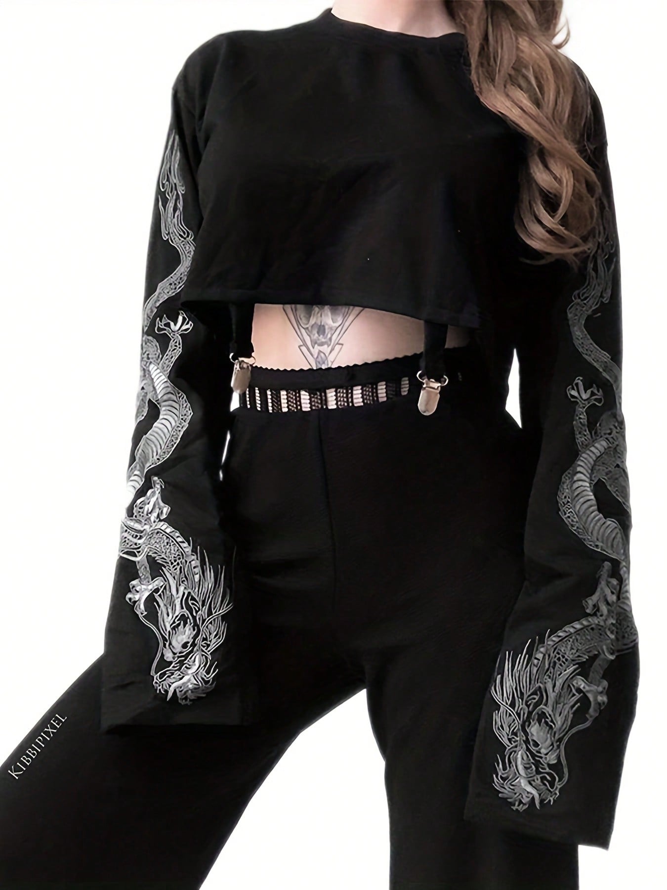 Edgy Chic: Long Sleeve Chinese Dragon Print Crop Top for Bold Fashionistas S M L S-M-L-