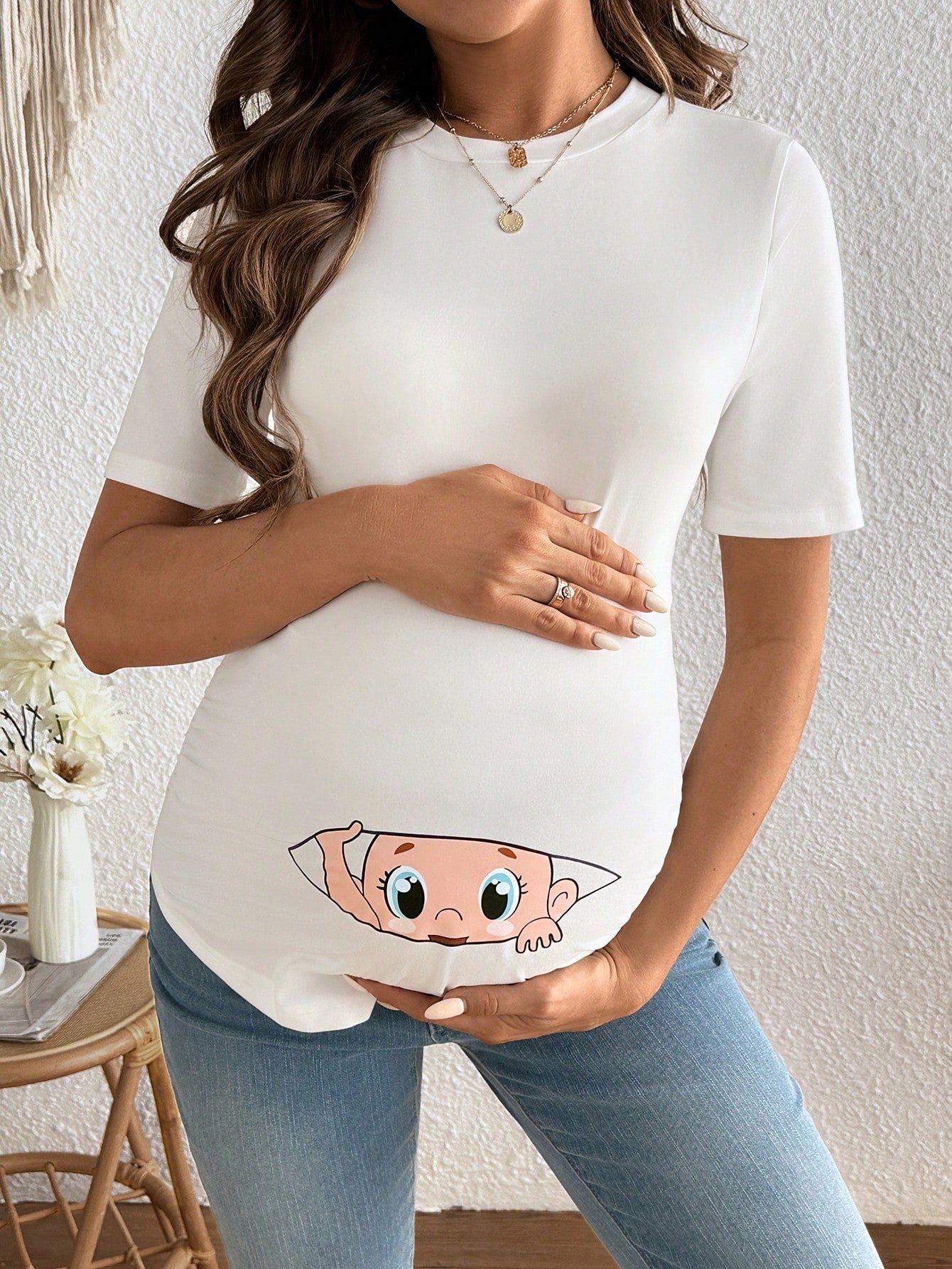 Adorable Maternity Cartoon Print Curved Hem T-Shirt for Expecting Moms White / S White / M