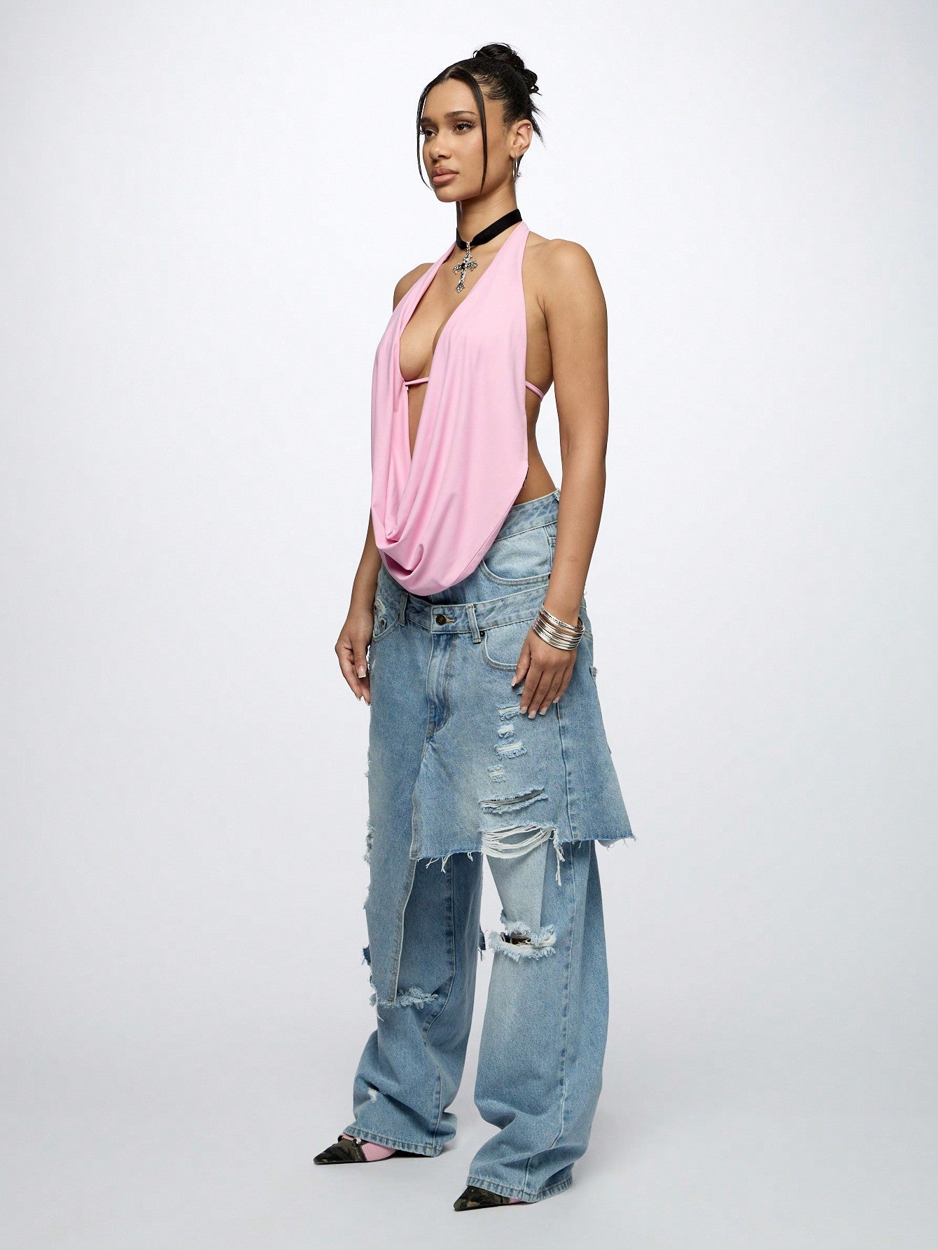 Women's Baggy Overlay Extreme Ripped Jeans for Chic Casual Looks XS S M XS-S-M-L-