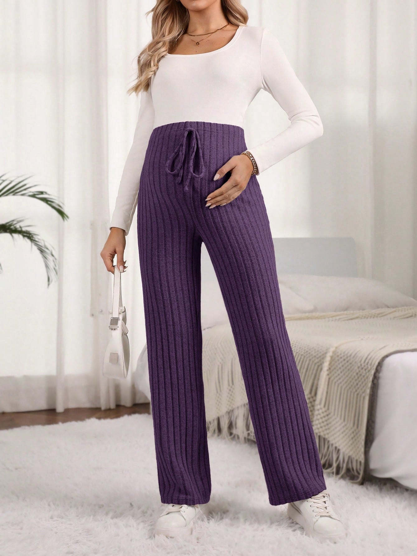 Maternity Solid Color Ribbed Pants with Adjustable Waistband Apricot / S Apricot / M