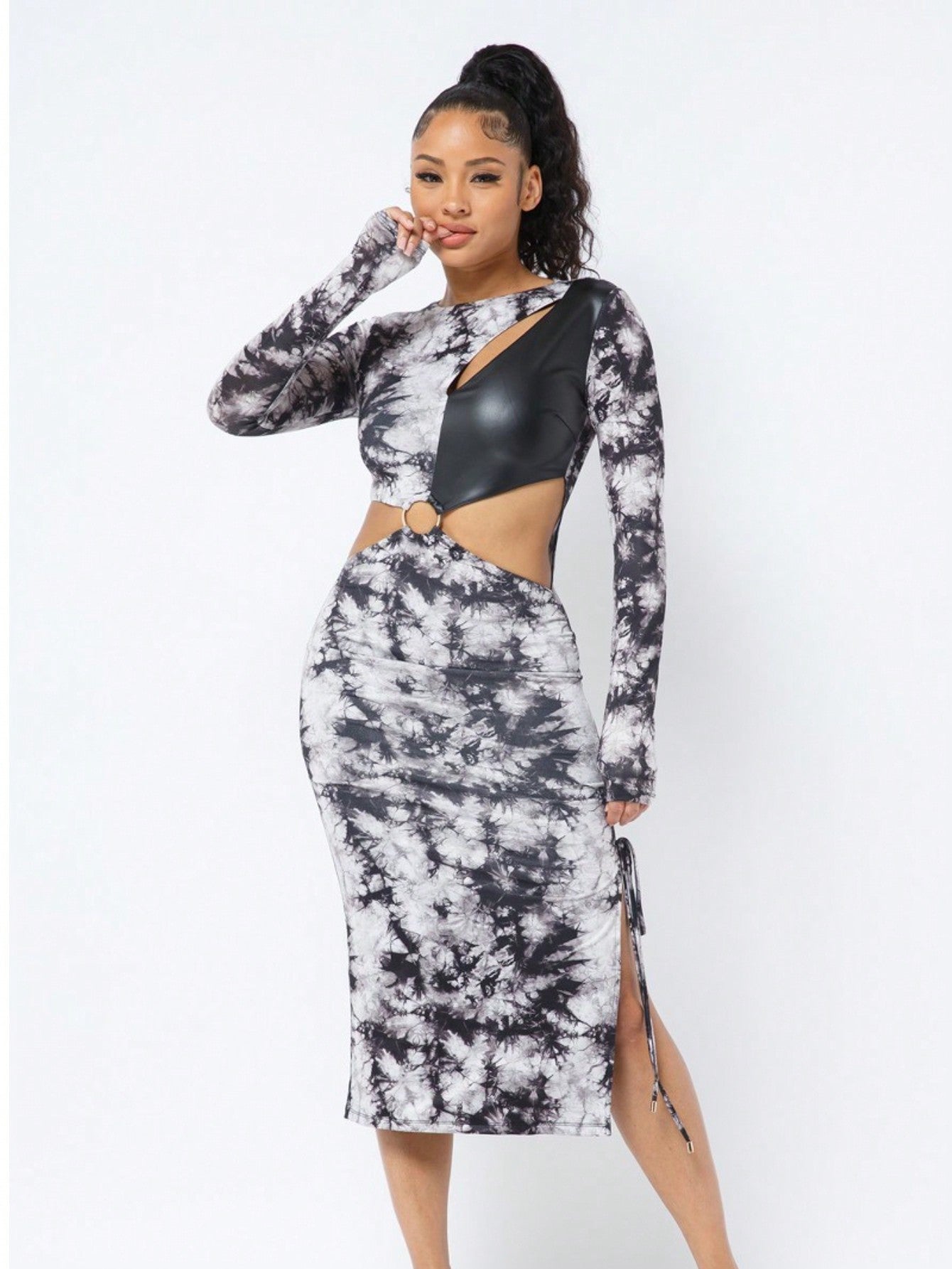 Eye-Catching Tie-Dye Midi Dress with Long Sleeves and Chic Cut-Outs Brown / S Brown / M Brown / L Brown / S-Brown / M-Brown / L-Black / S-Black / M-