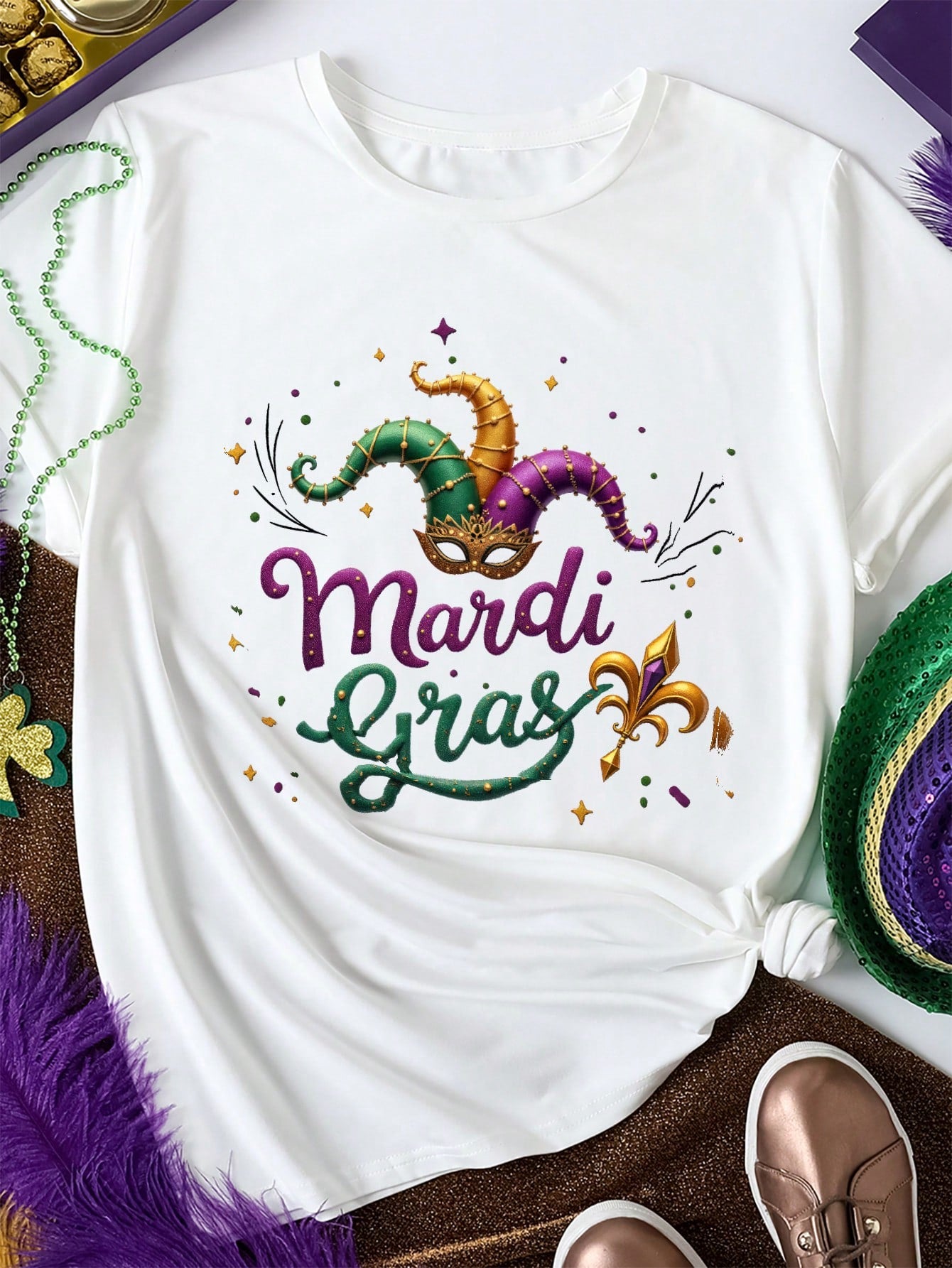 Plus Size Mardi Gras Casual White T-Shirt - Relaxed Fit for Festive Comfort 0XL 1XL