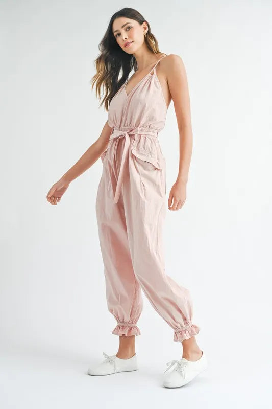 MABLE Washed Fabric Spaghetti Strap Waist Belted Jumpsuit Pink / S Pink / M Pink / L Pink / S-Pink / M-Pink / L-
