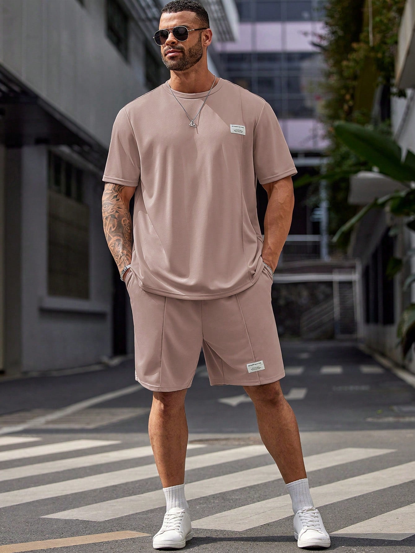 Plus Size Men's Casual T-Shirt and Pajama Pants Set Dusty Pink