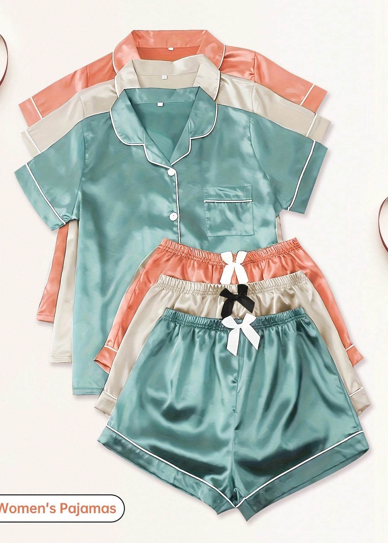 Luxurious 6-Piece Women's Satin Pajama Set: Short Sleeve Shirt & Shorts Loungewear SET-1