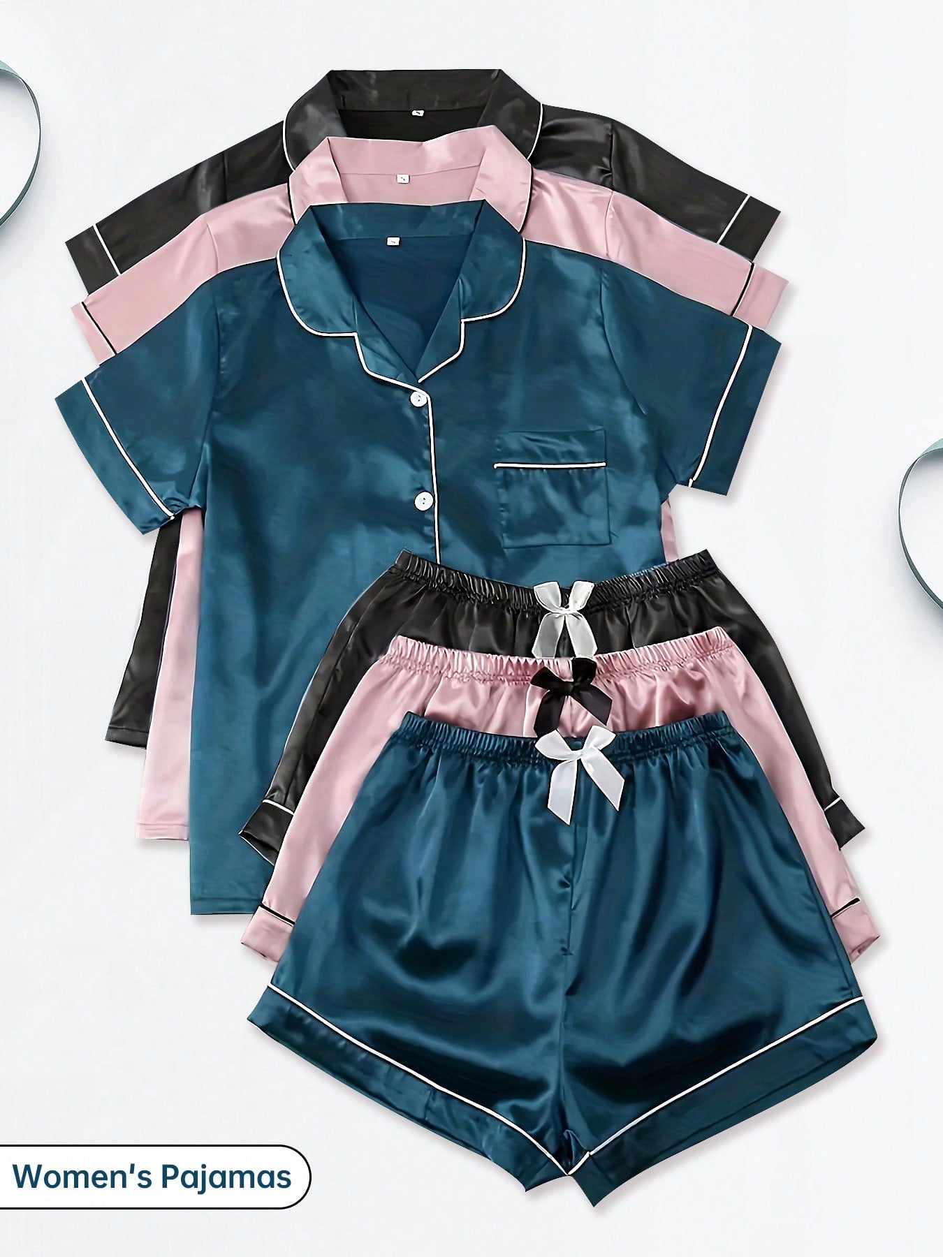 Luxurious 6-Piece Women's Satin Pajama Set: Short Sleeve Shirt & Shorts Loungewear SET-2