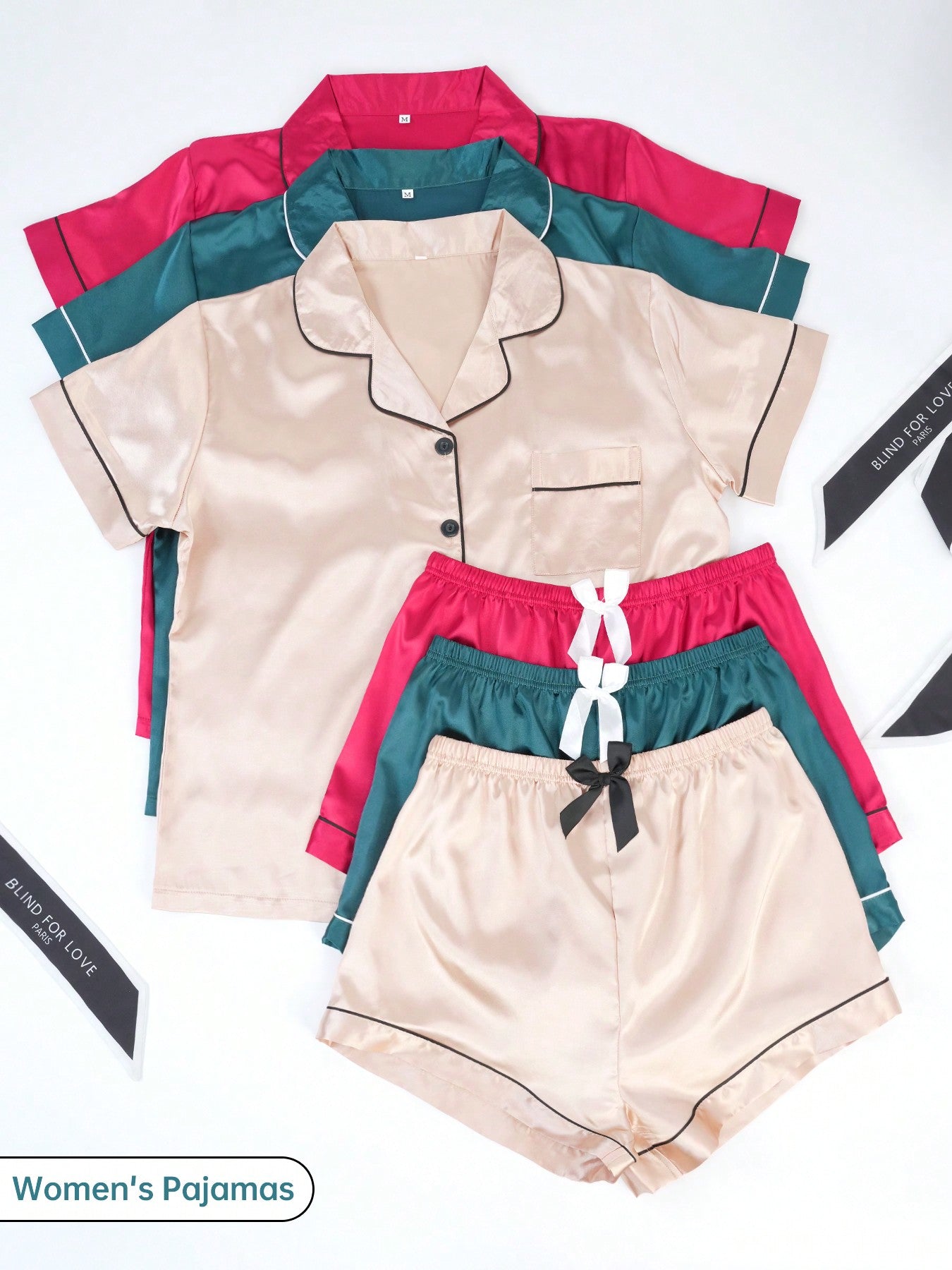 Luxurious 6-Piece Women's Satin Pajama Set: Short Sleeve Shirt & Shorts Loungewear SET-4