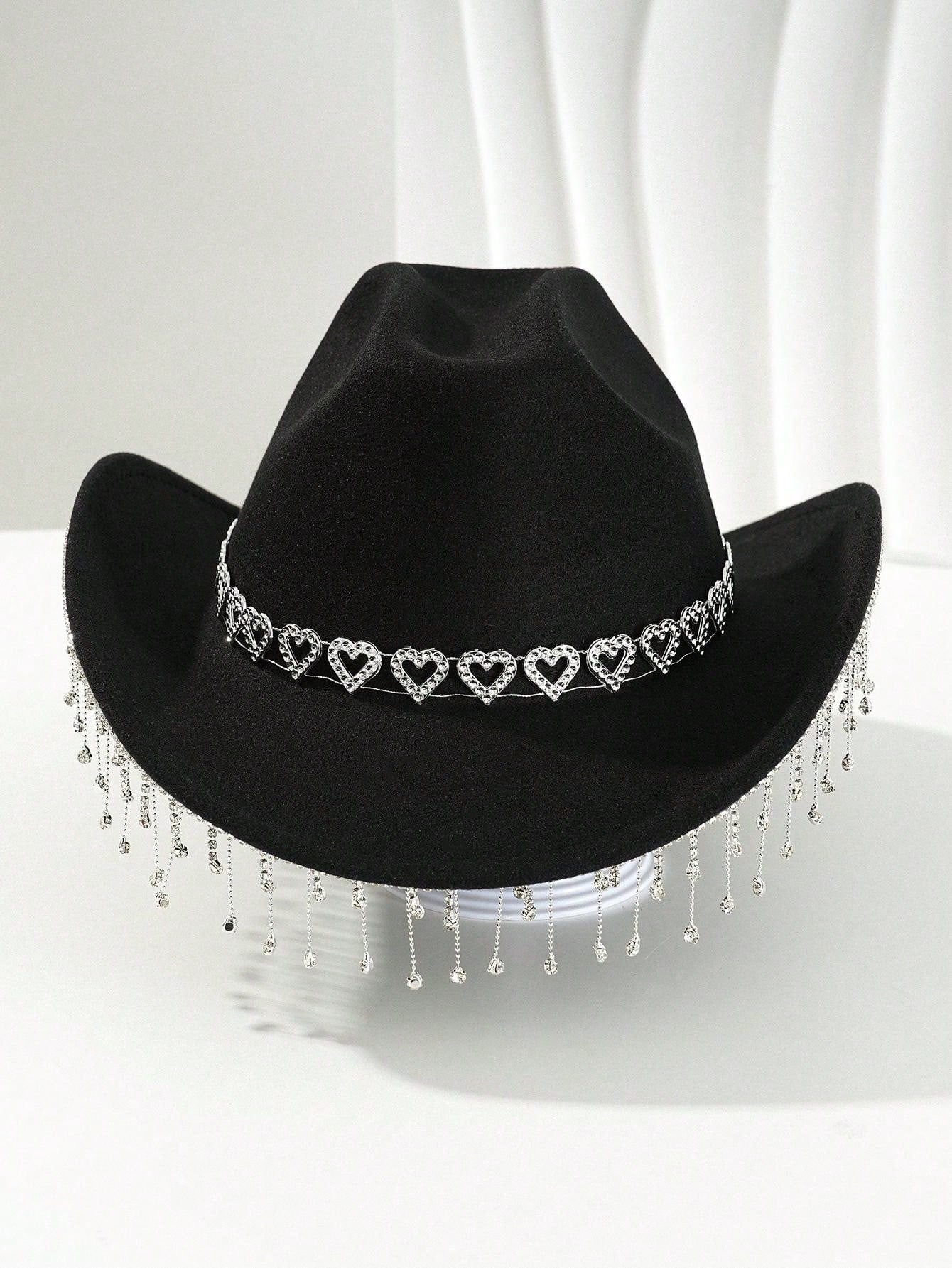 Chic British-Style Fedora Hat with Heart-Shaped Rhinestone Tassel Detail Default Title Default Title-