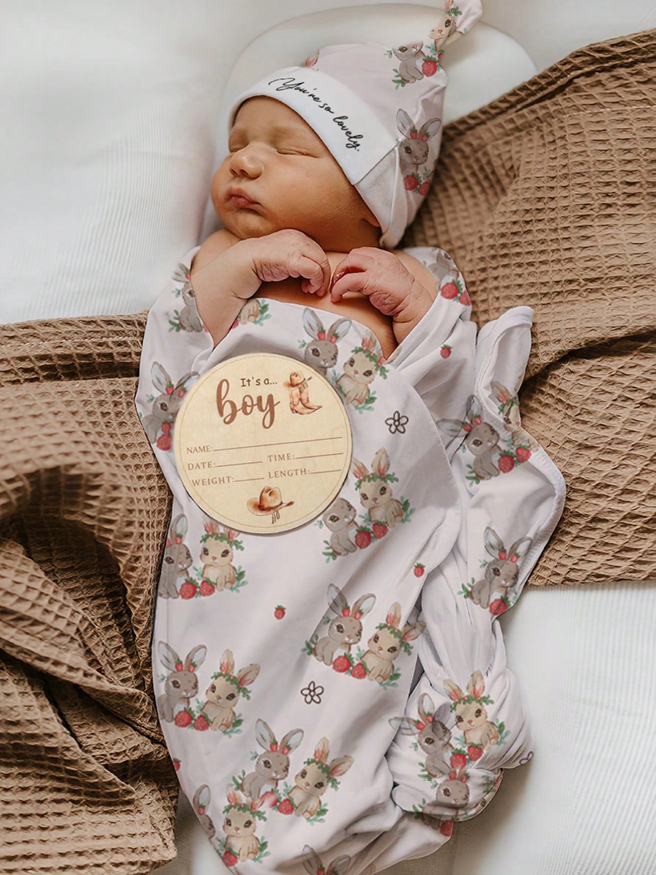 Adorable Rabbit Print Swaddle Blanket and Hat Set for Newborn Baby Boys – Perfect for Photography Props