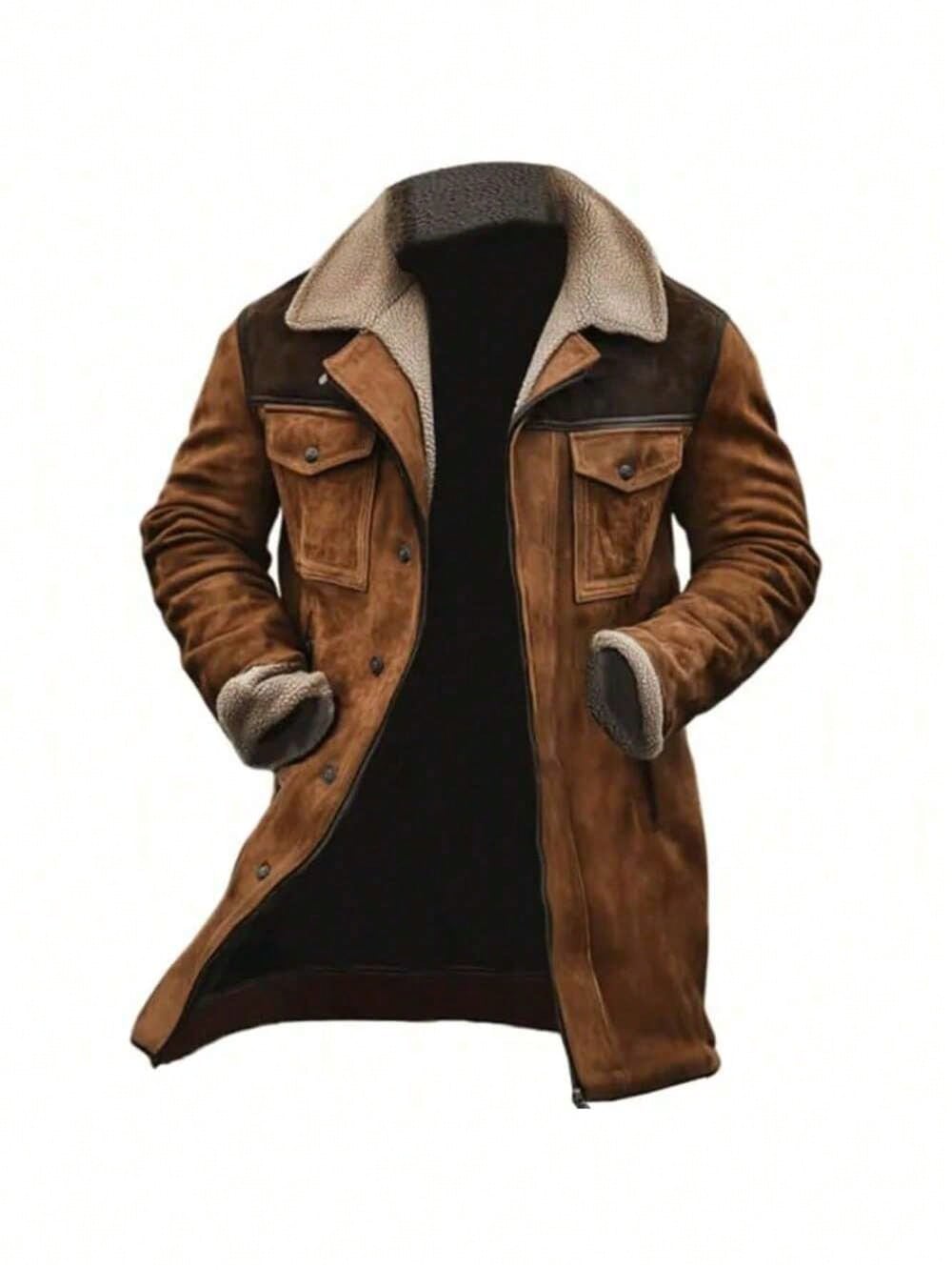 Men's Vintage Suede Pocket Jacket - Retro Plush Collar Outdoor Coat S M L S-M-L-XL-XXL-XXXL-