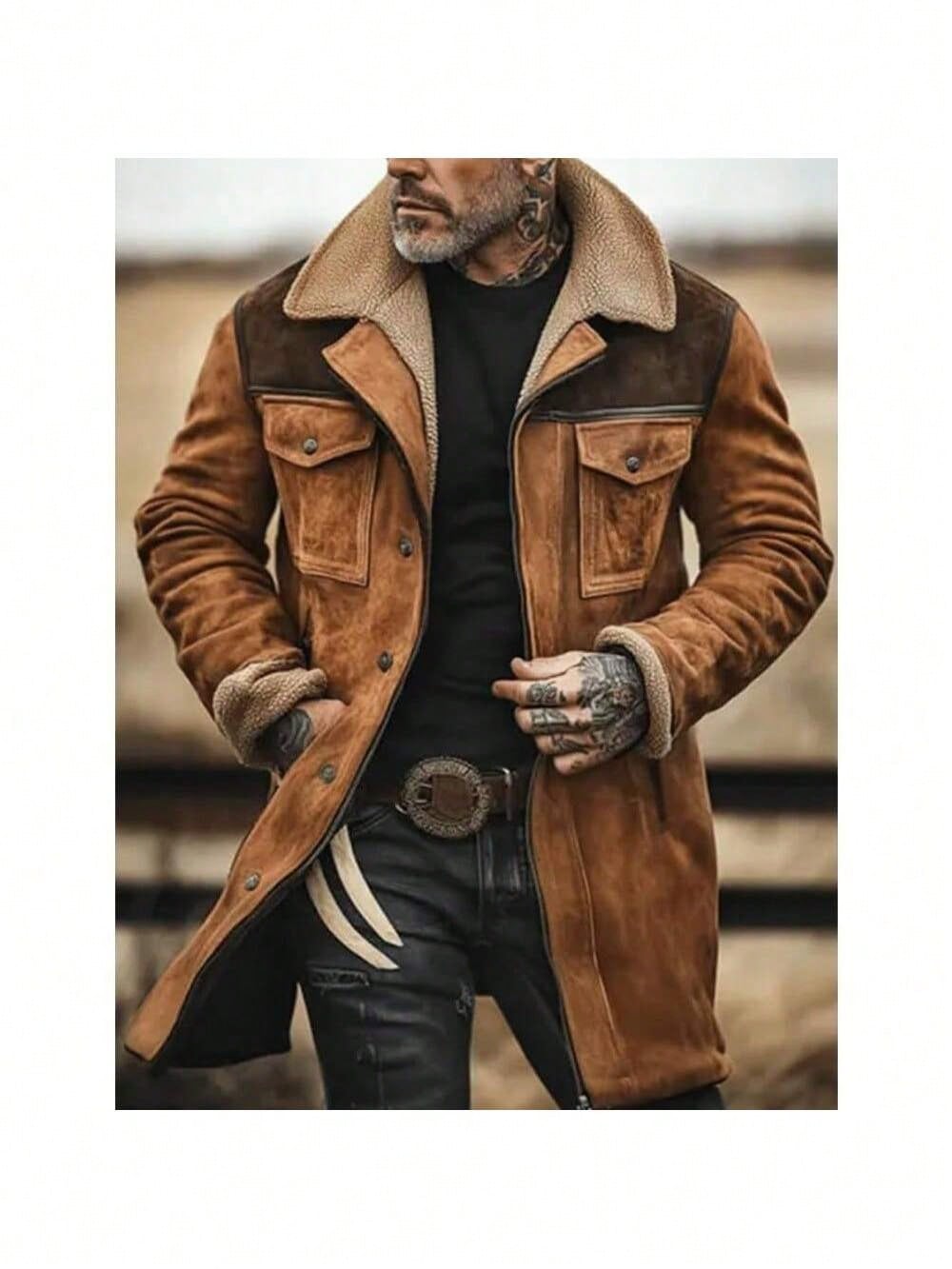 Men's Vintage Suede Pocket Jacket - Retro Plush Collar Outdoor Coat S M L S-M-L-XL-XXL-XXXL-