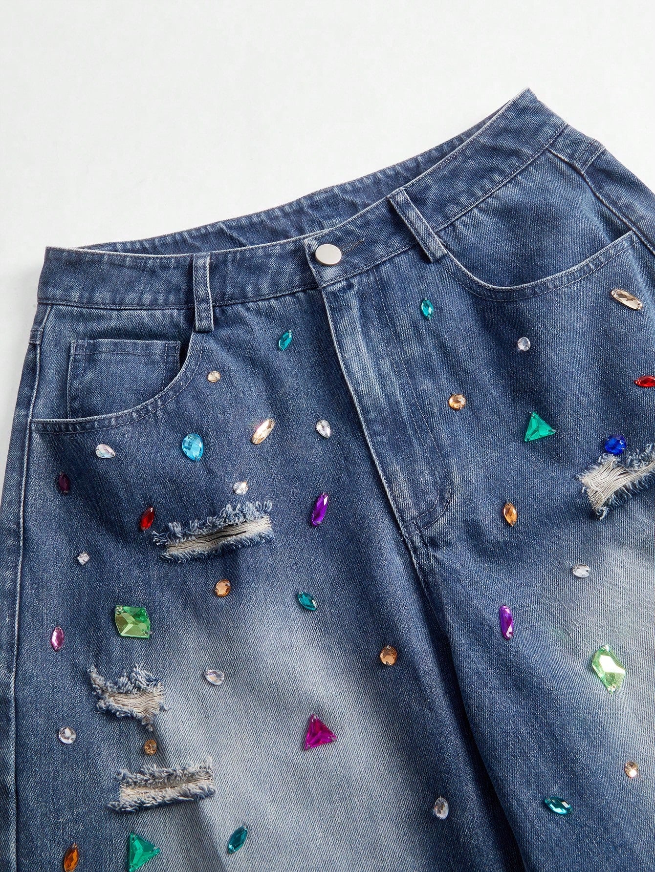 Retro Chic: Distressed Rhinestone-Embellished Blue Jeans for Fashion-Forward Women S M L S-M-L-XL-