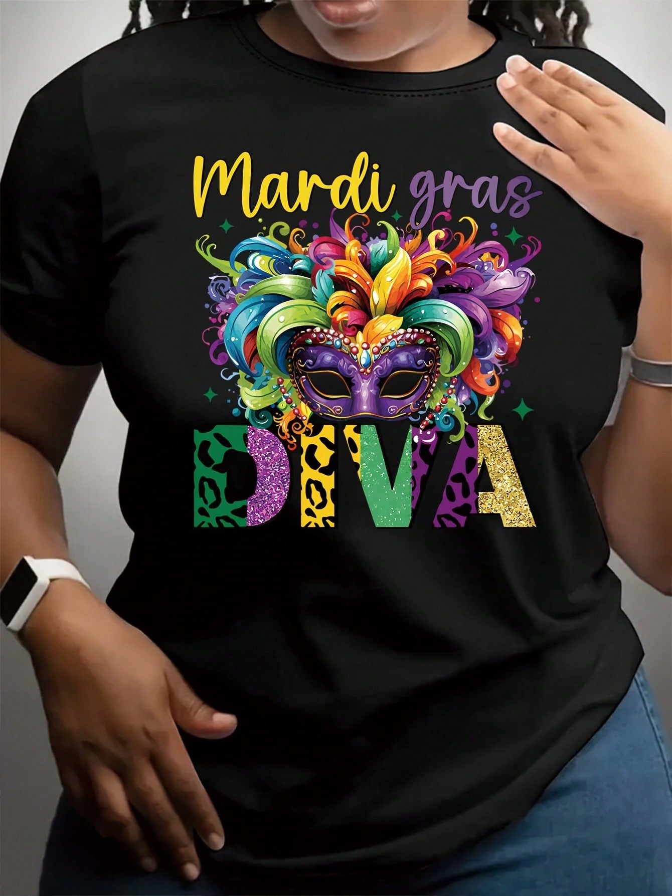 Celebrate in Style: Women's 100% Cotton Mardi Gras Mask Print T-Shirt 0XL 1XL