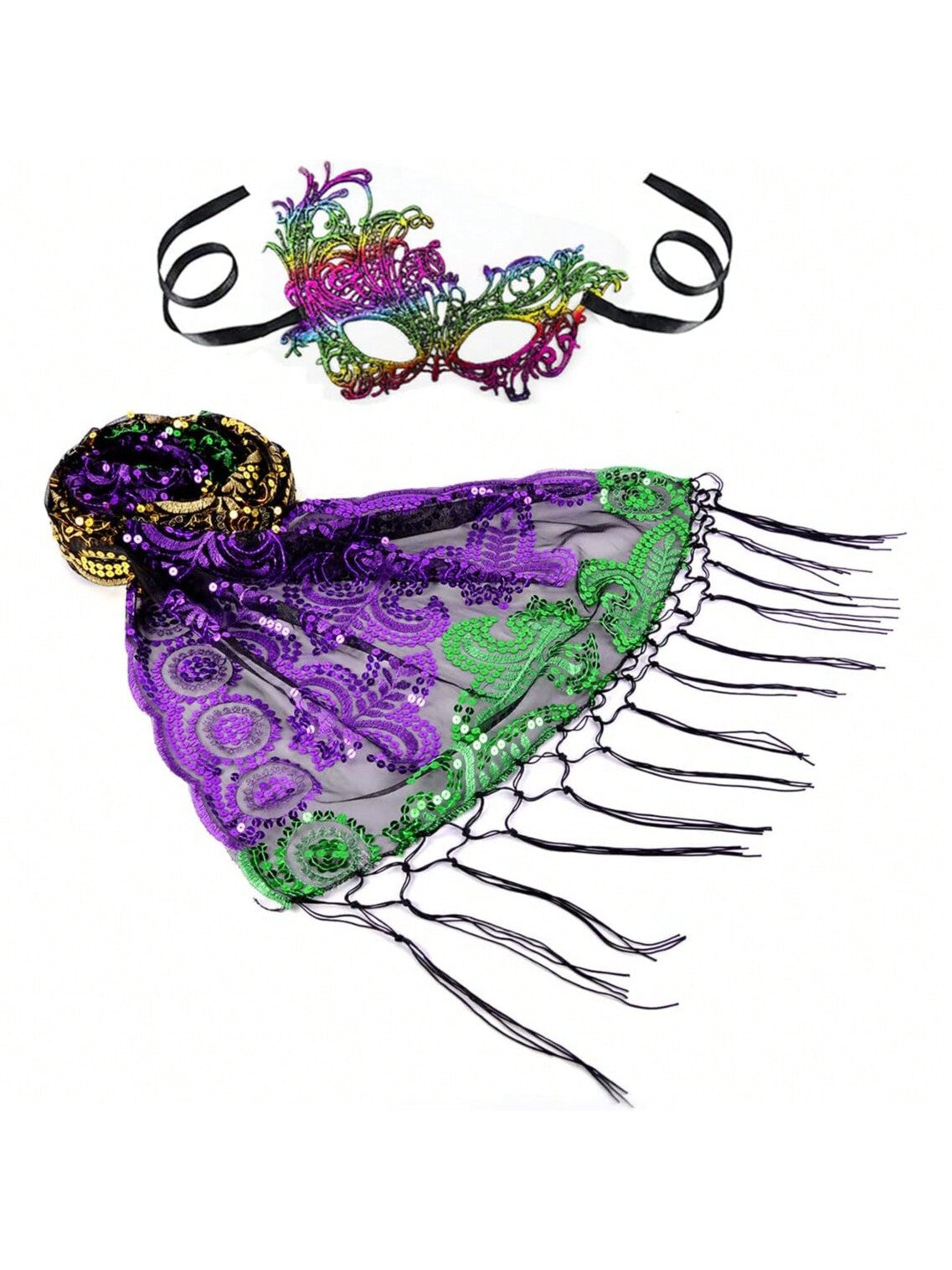 Sparkling Mardi Gras Shawl & Mask Set – Stylish Sequin Poncho