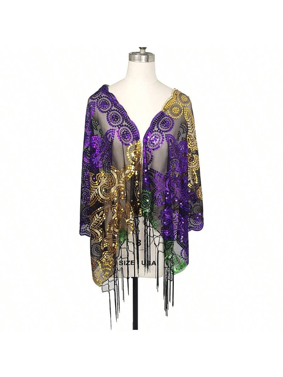 Sparkling Mardi Gras Shawl & Mask Set – Stylish Sequin Poncho