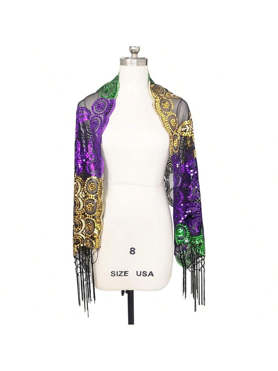 Sparkling Mardi Gras Shawl & Mask Set – Stylish Sequin Poncho