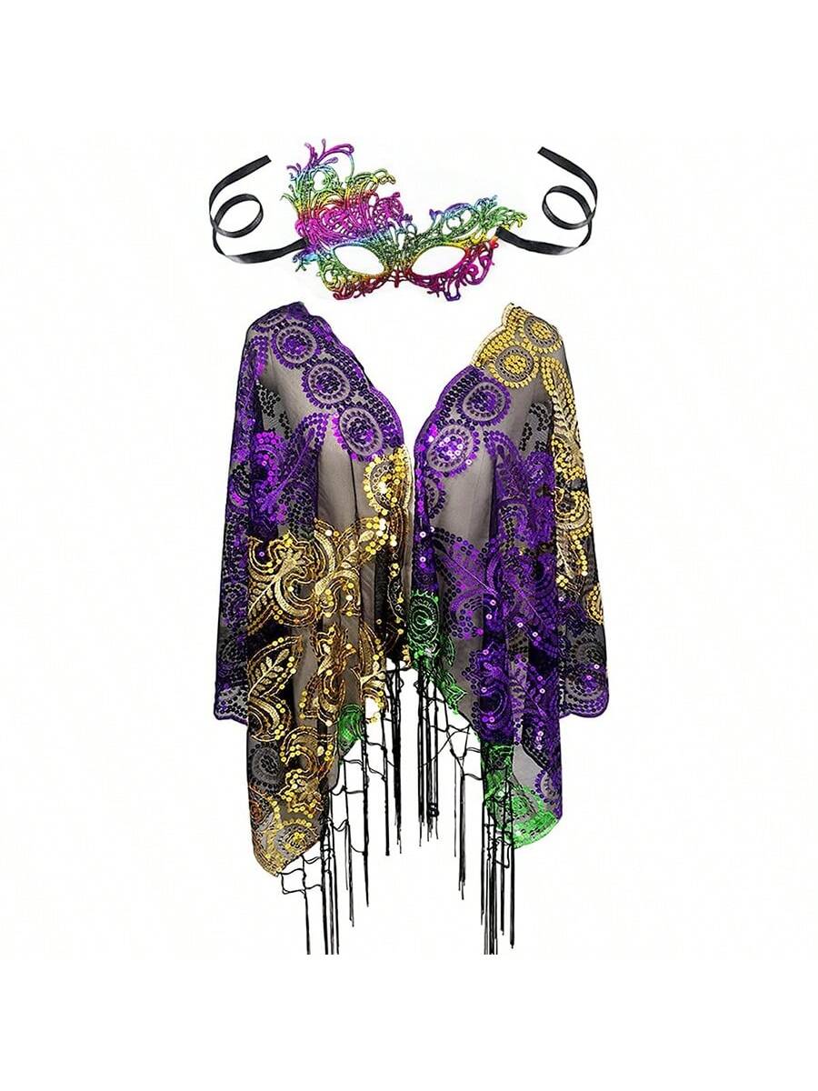 Sparkling Mardi Gras Shawl & Mask Set – Stylish Sequin Poncho one-size