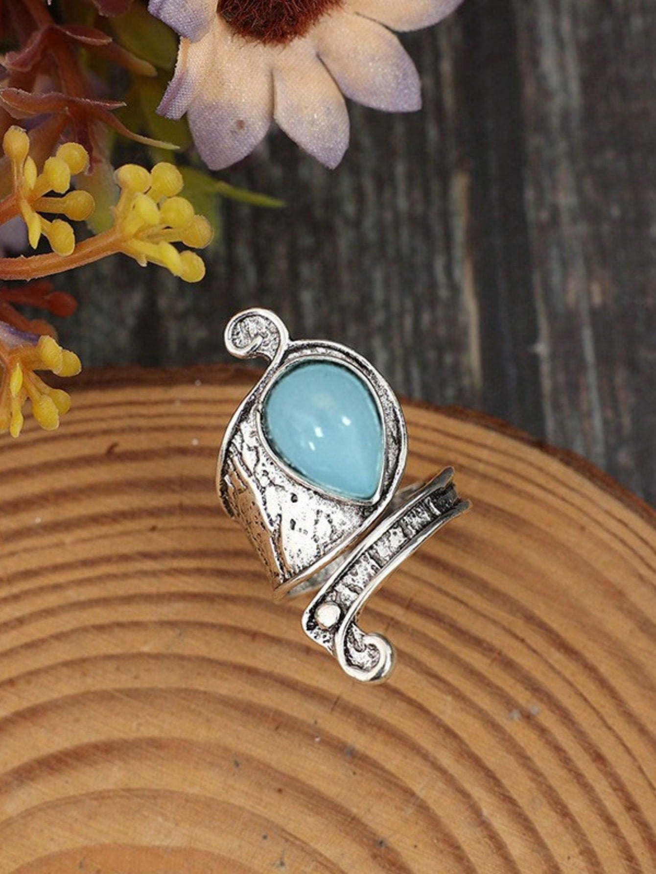 Vintage Asymmetrical Stone Inlaid Adjustable Alloy Ring - Trendy Statement Piece