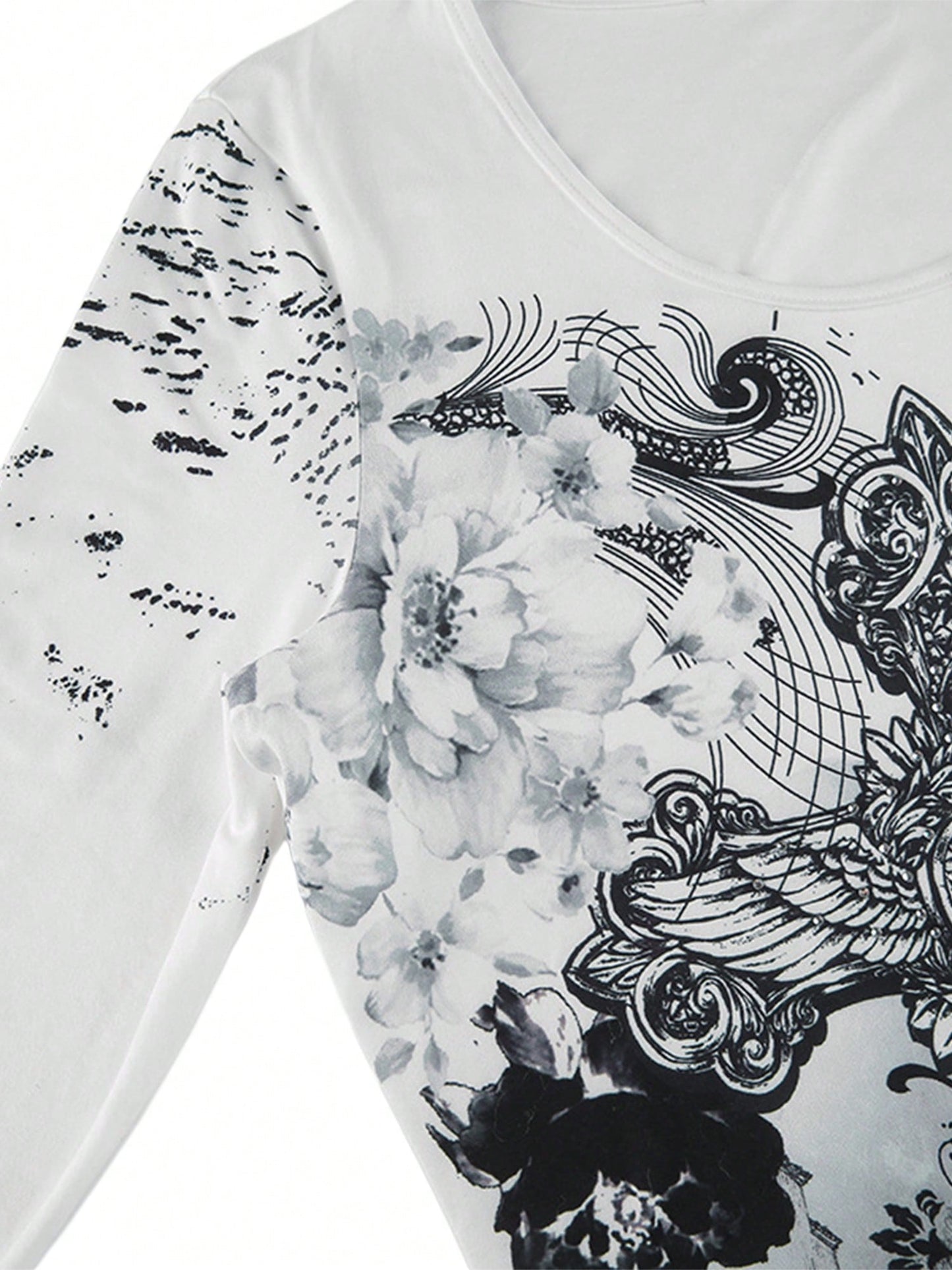 Y2K Fairy Grunge Long Sleeve Crop Top with Gothic Wings Print - Vintage Aesthetic E-Girl Tee S M L S-M-L-XL-