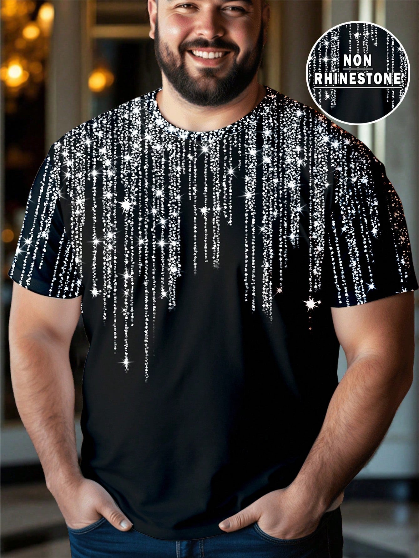 Stylish Plus Size Men's Rhinestone T-Shirt with Silver Glitter Drip Design 2XL 3XL 4XL 2XL-3XL-4XL-5XL-6XL-