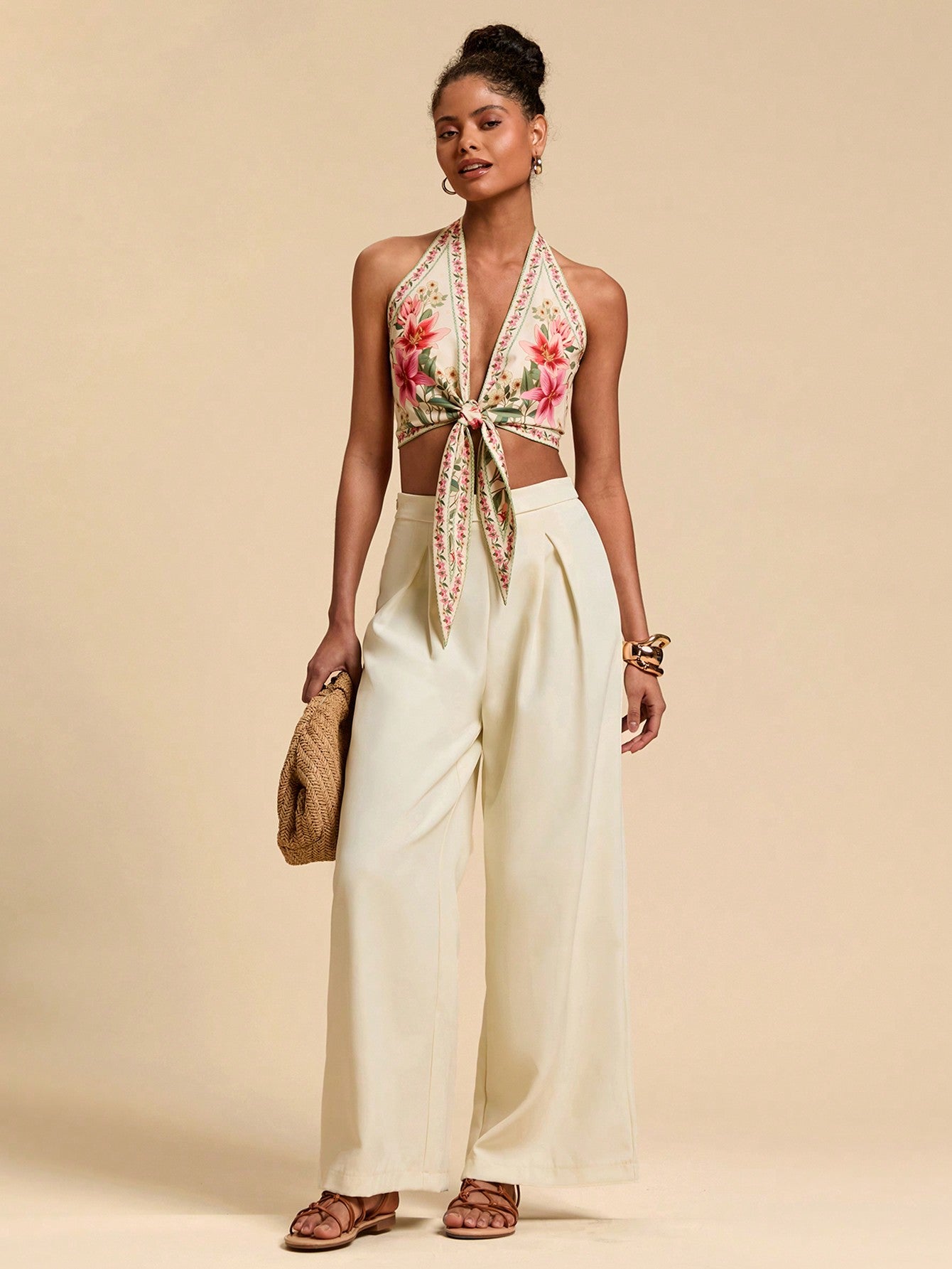 Chic Floral Print Halter Neck Blouse for Women's Summer Vacation Styles XS S M XS-S-M-L-XL-
