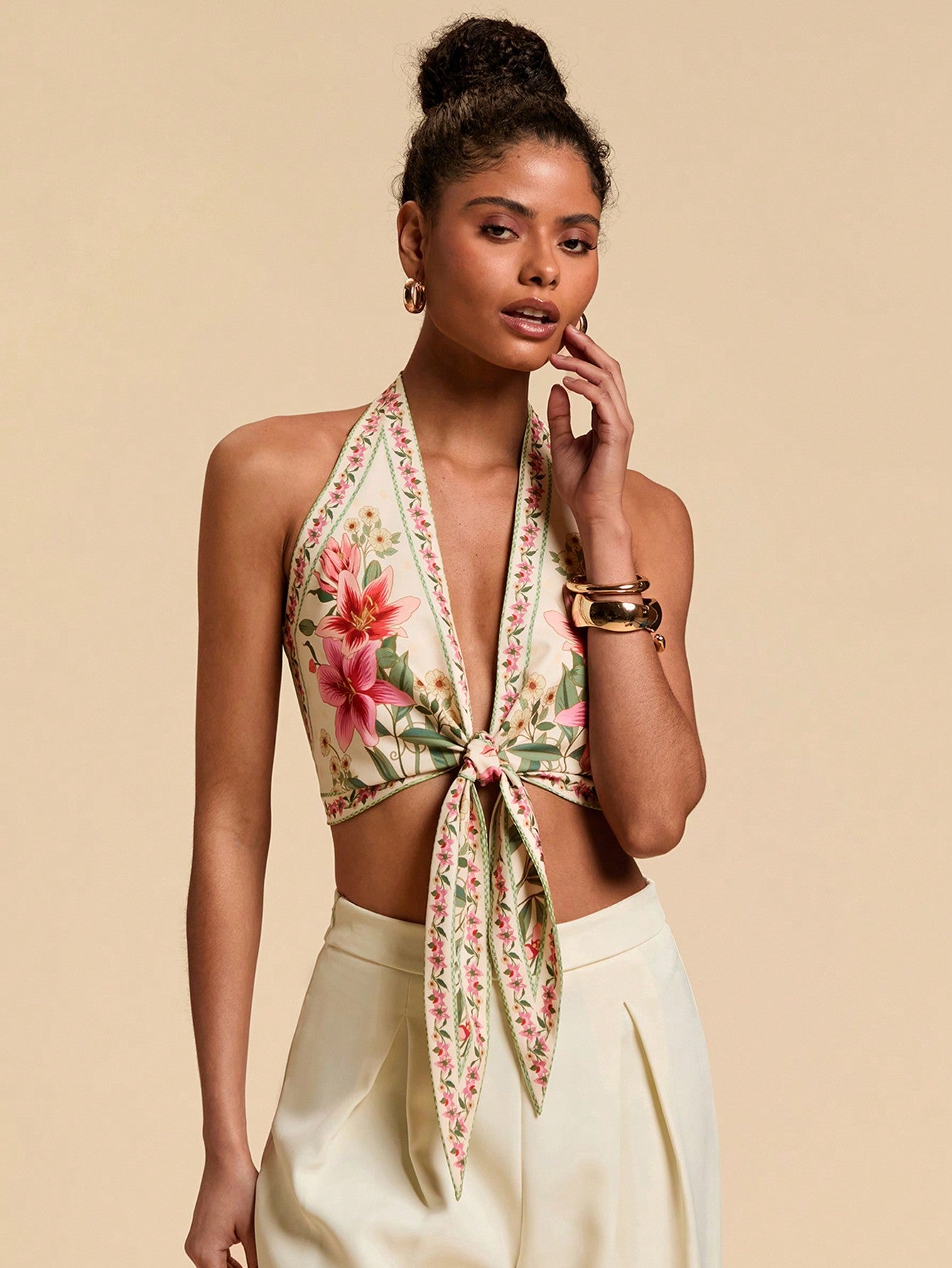 Chic Floral Print Halter Neck Blouse for Women's Summer Vacation Styles XS S M XS-S-M-L-XL-