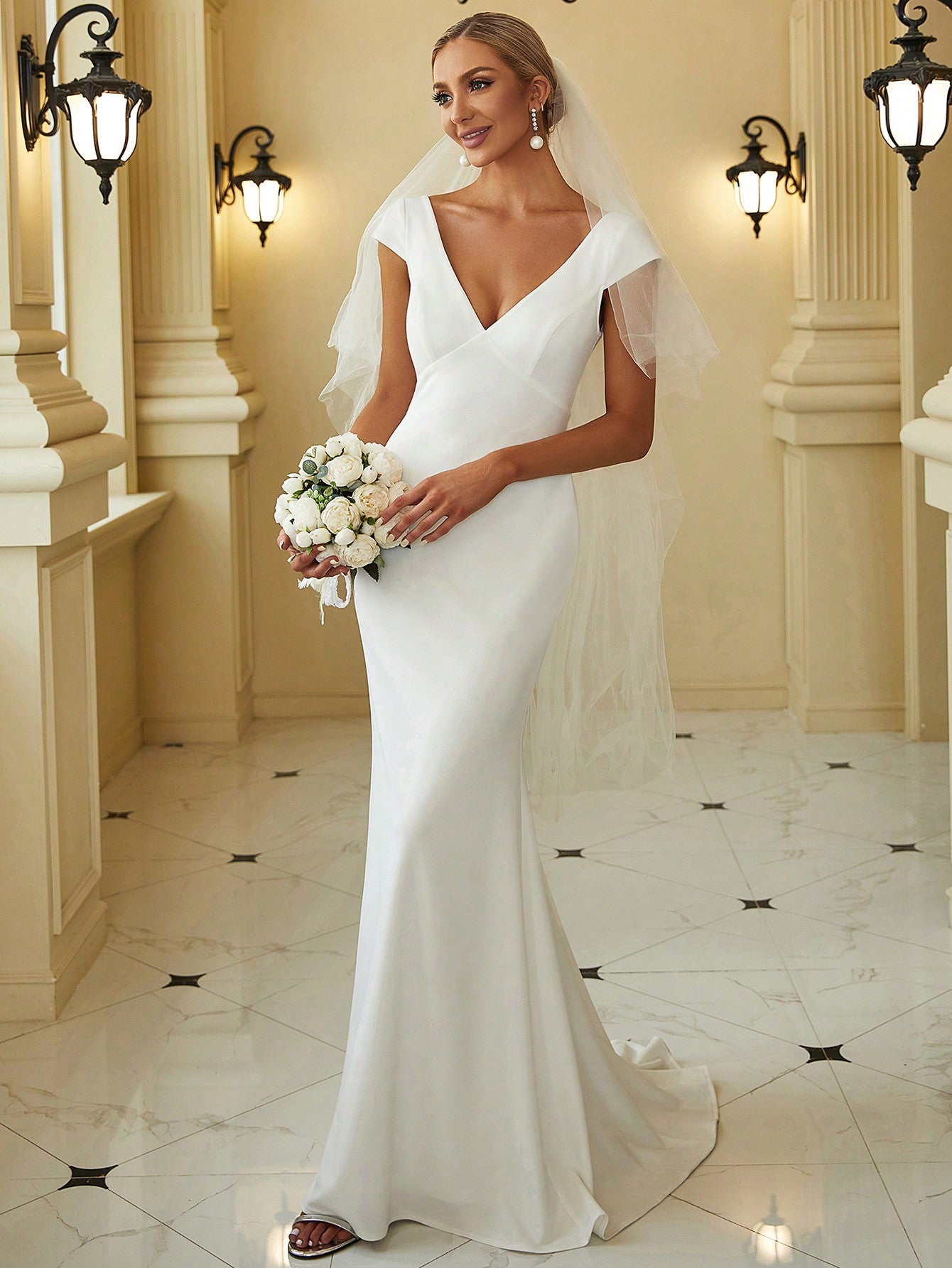 Elegant Minimalist Backless Wedding Dress with Lace Patchwork and V-Back Design