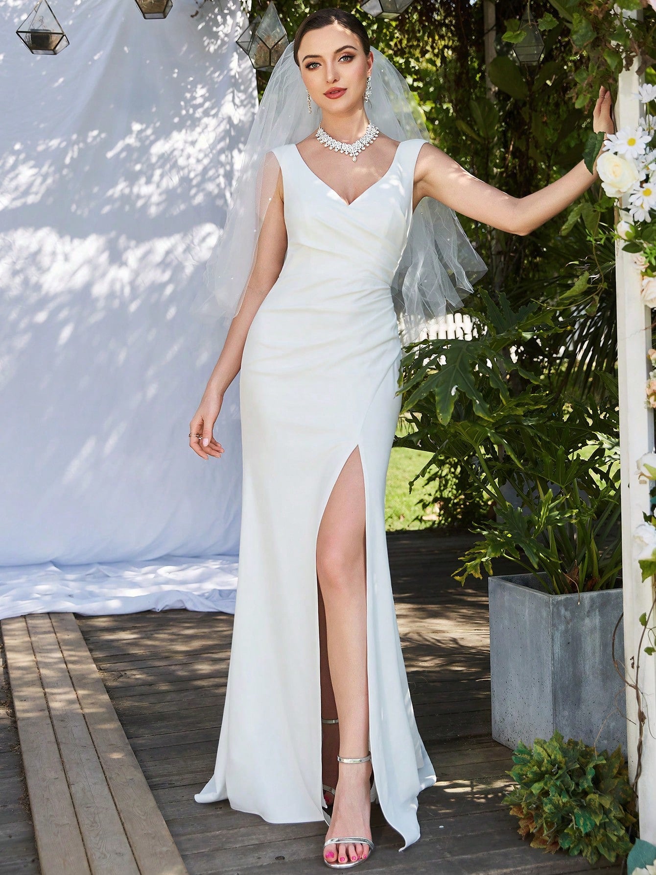 Elegant V-Neck Ruched Wedding Dress with Split Thigh and Long Train