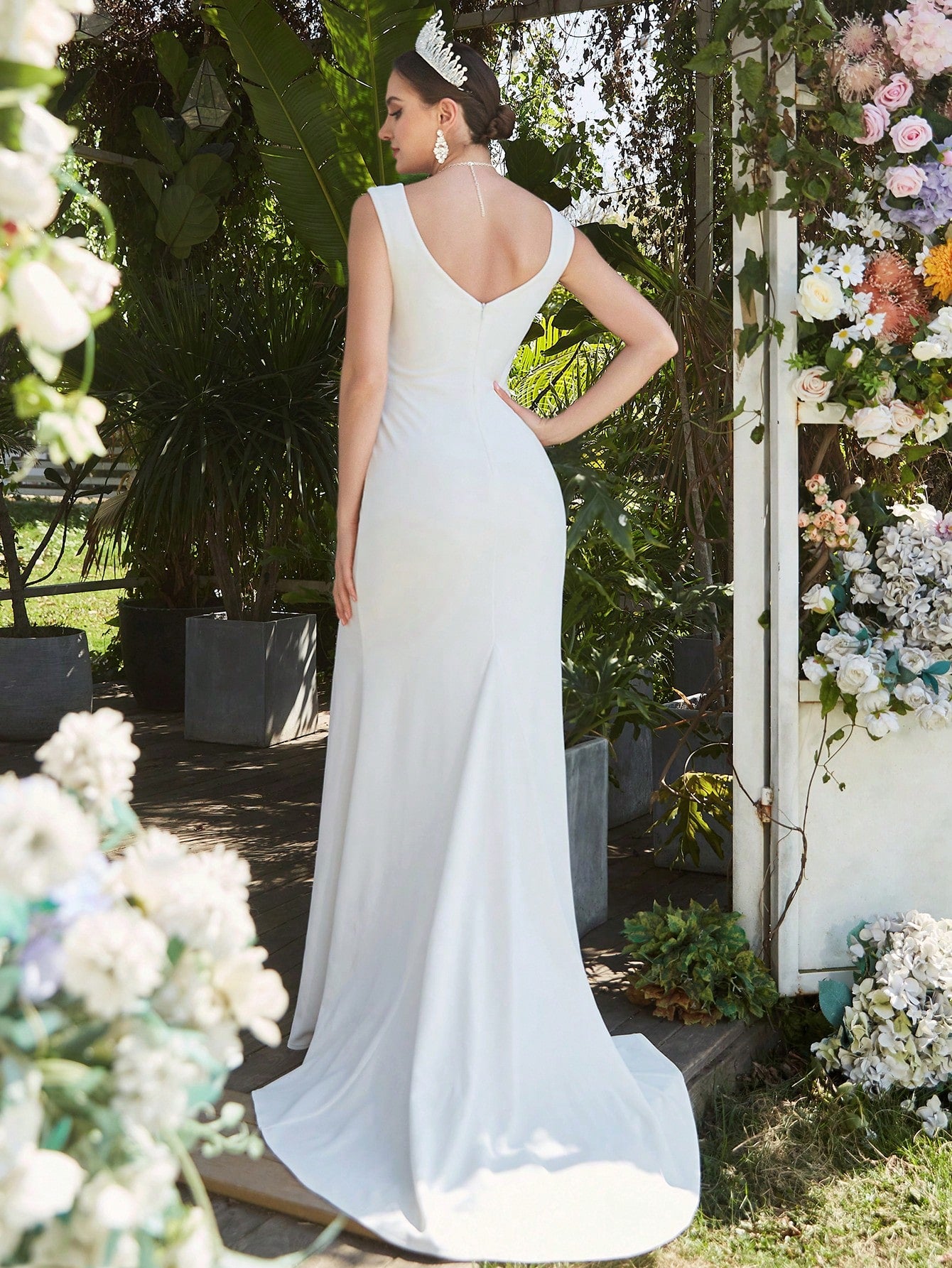 Elegant V-Neck Ruched Wedding Dress with Split Thigh and Long Train