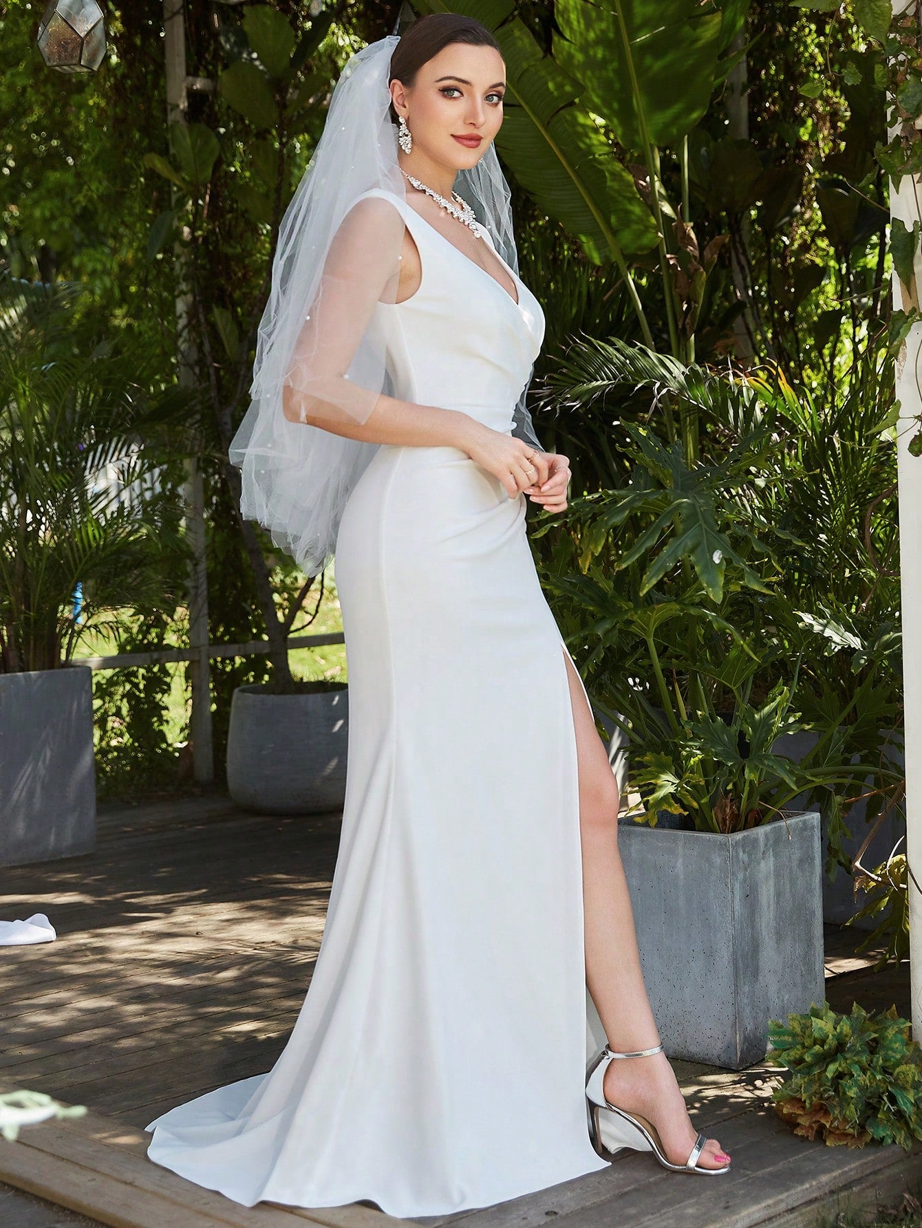 Elegant V-Neck Ruched Wedding Dress with Split Thigh and Long Train