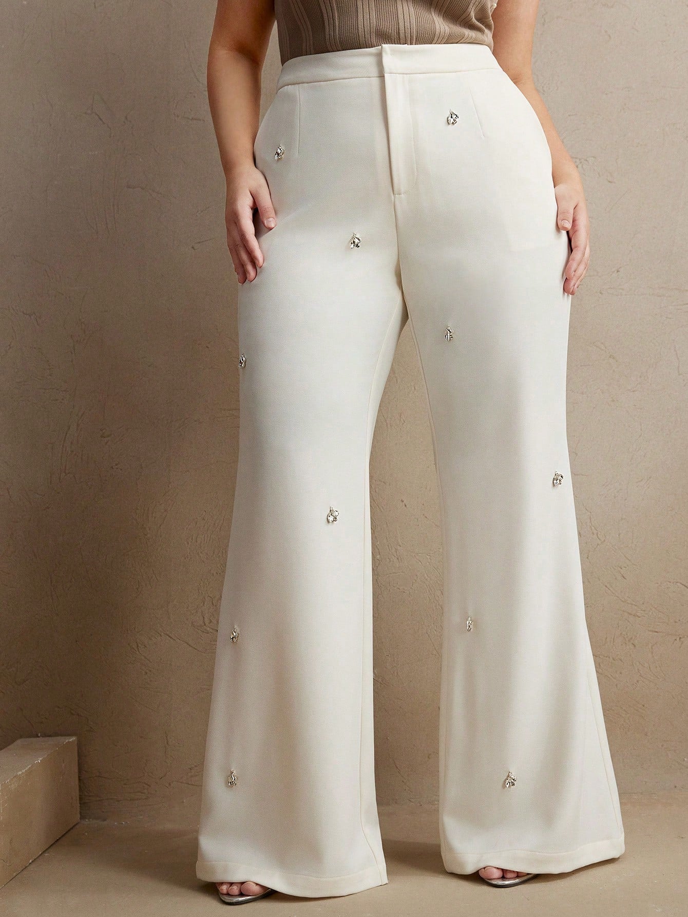 Chic Plus Size Faux Pearl Studded Flared Pants 0XL 1XL 2XL 0XL-1XL-2XL-3XL-