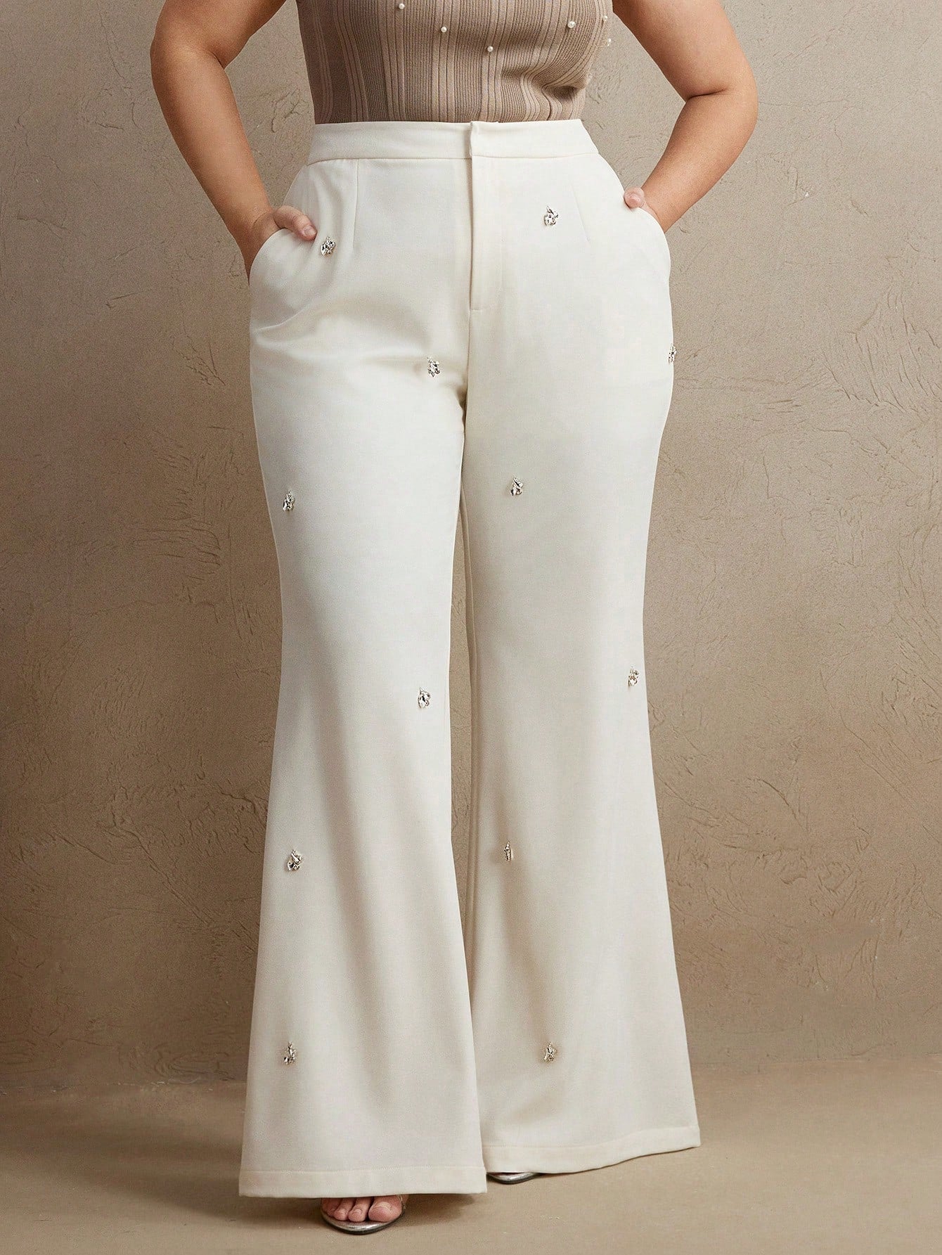 Chic Plus Size Faux Pearl Studded Flared Pants 0XL 1XL 2XL 0XL-1XL-2XL-3XL-