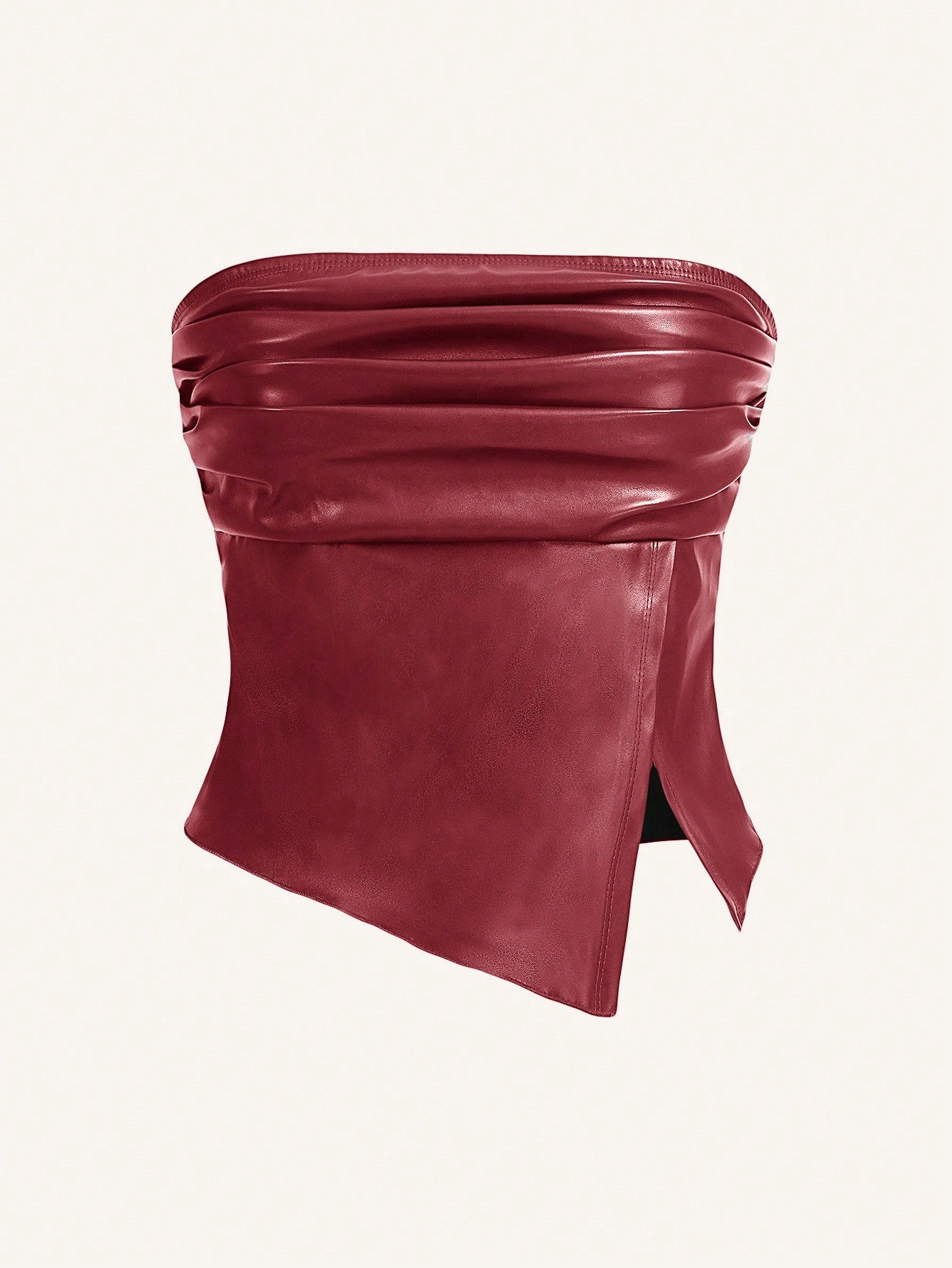 Burgundy Red Ruched Asymmetric Hem Leather Bandeau Crop Top Black / XS Black / S Black / M Black / XS-Black / S-Black / M-Black / L-Black / XL-Coffee Brown / XS-Coffee Brown / S-Coffee Brown / M-Coffee Brown / L-Coffee Brown / XL-Red / XS-Red / S-Red / M-Red / L-Red / XL-Rose Red / XS-Rose Red / S-Rose Red / M-Rose Red / L-Rose Red / XL-Burgundy / XS-Burgundy / S-Burgundy / M-Burgundy / L-Burgundy / XL-