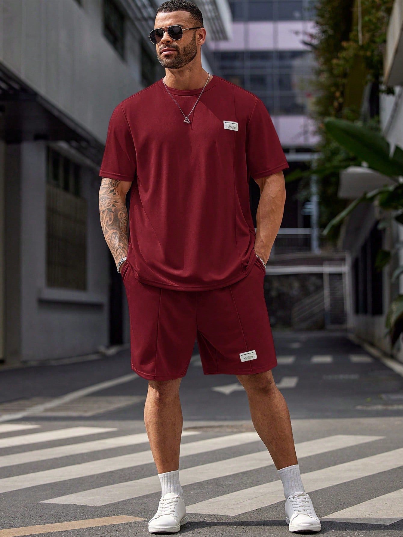 Plus Size Men's Casual T-Shirt and Pajama Pants Set Burgundy